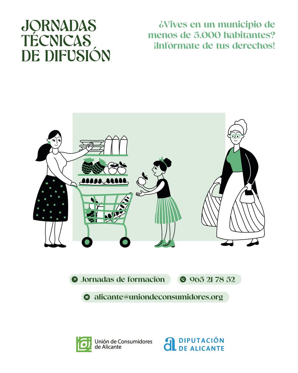 Unió de Persones Consumidores (@ucvalencia) on Twitter photo 📍 Si vives en la provincia de Alicante y tu municipio tiene menos de 5.000 habitantes, tienes a tu disposición un recurso gratuito: las Jornadas Técnicas de Difusión
💬 ¿Tienes alguna duda?
📞 965 21 78 52
✉️ alicante@uniondeconsumidores.org 📍 Si vives en la provincia de Alicante y tu municipio tiene menos de 5.000 habitantes, tienes a tu disposición un recurso gratuito: las Jornadas Técnicas de Difusión
💬 ¿Tienes alguna duda?
📞 965 21 78 52
✉️ alicante@uniondeconsumidores.org