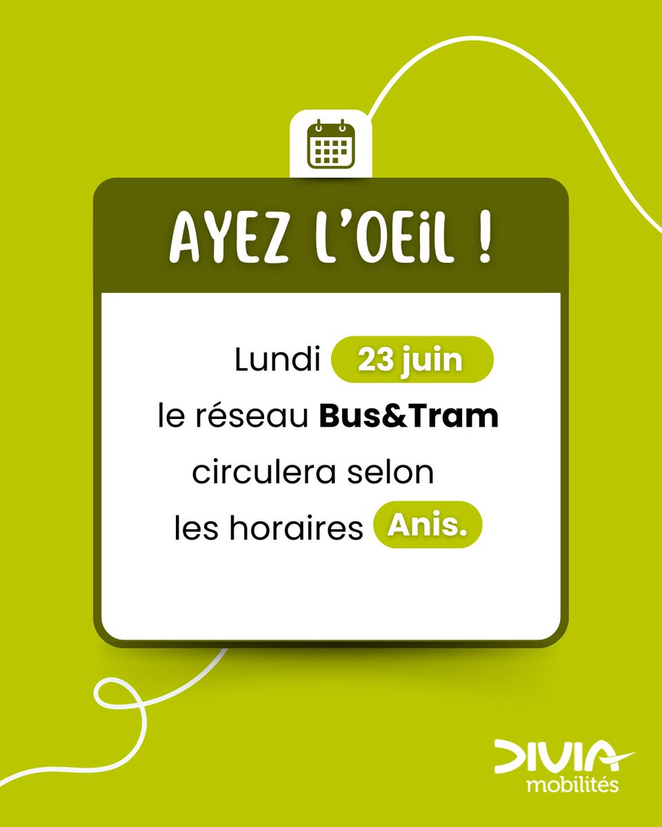 📅 INFO CALENDRIER 📅

👀 Ayez l'oeil !

Lundi 23 juin, le réseau Bus&amp;Tram circulera selon les horaires "Anis" 🟢

🕰️ Pensez à anticiper vos voyages.