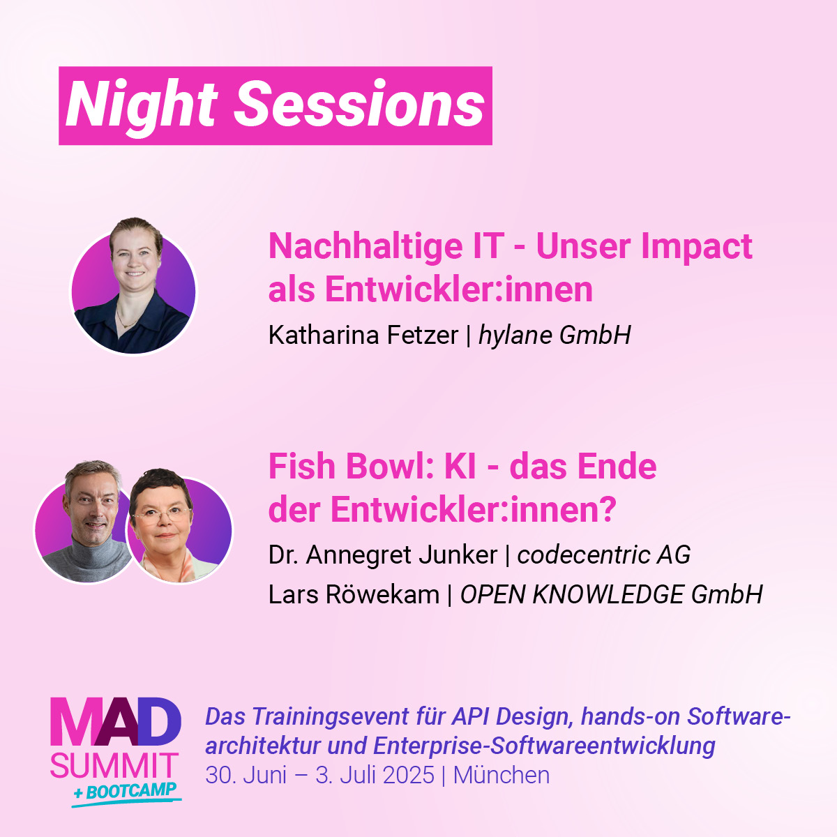 Diskutiere mit uns brennende Fragen:
– Wie passt Ressourcenverbrauch zu Klimaschutz?
– Werden ChatGPT &amp; Co bald besser als menschliche Devs?

Sei dabei – und hör, was unsere Expert:innen prophezeien!
mad-summit.de/night-sessions/