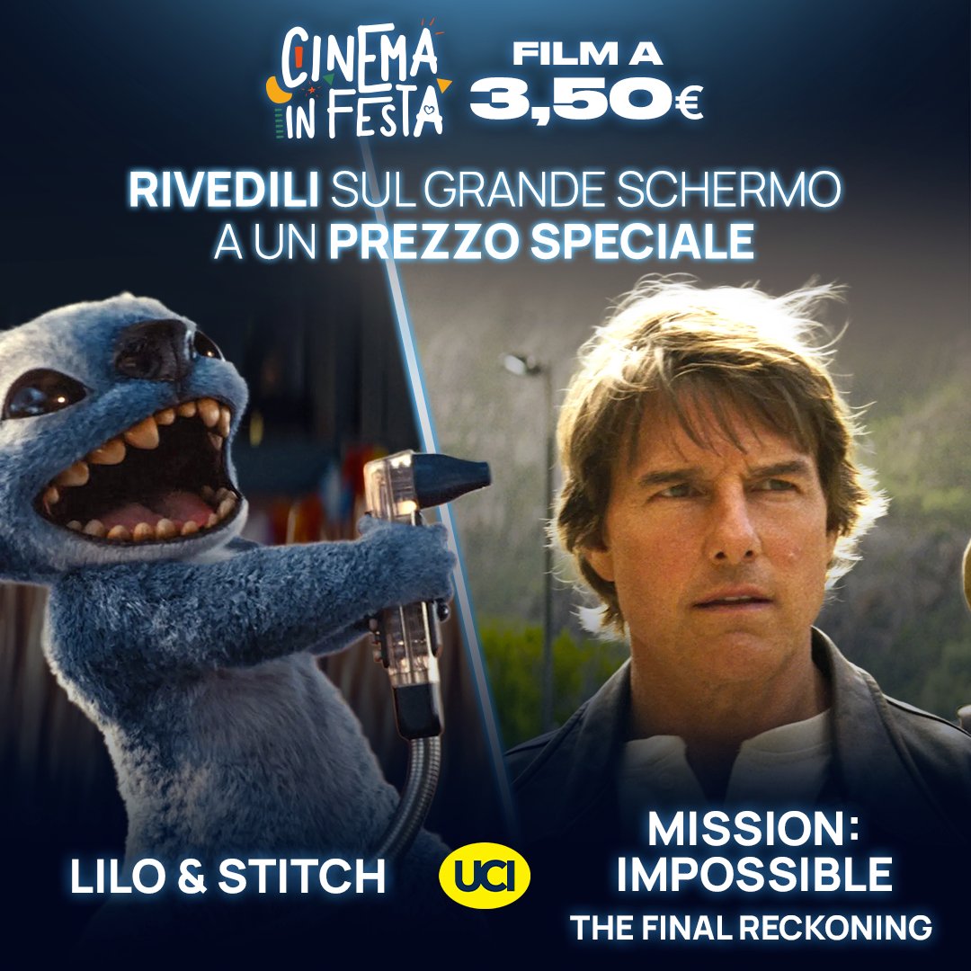 Ti sei perso uno dei film più attesi dell'ultimo periodo? O vuoi rivederlo? Approfitta di #CinemaInFesta 🎬

Tutti i giorni e tutti i film saranno a 3,50 euro, fino al 12 giugno.✨🍿

Troverai film come Lilo&amp;Stitch, Mission Impossible e tanti altri! #CinemaInFesta