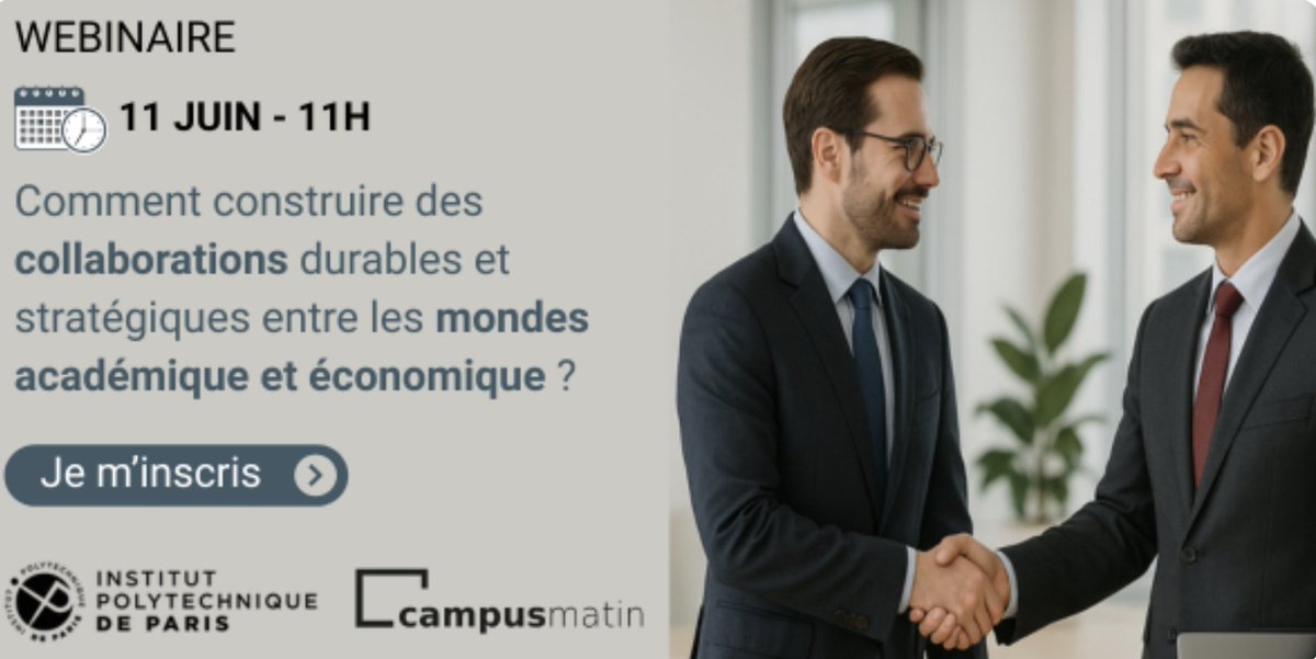 [WEBINAIRE - #IPParis sur #CampusMatin] Construire des collaborations durables et stratégiques entre les mondes académiques et économiques.

🗣 Le 11 juin à 11h, un temps d’échange réunira autour de <a href="/ThierryCoulhon/">Thierry Coulhon</a>, Président du directoire de l’Institut Polytechnique de Paris,