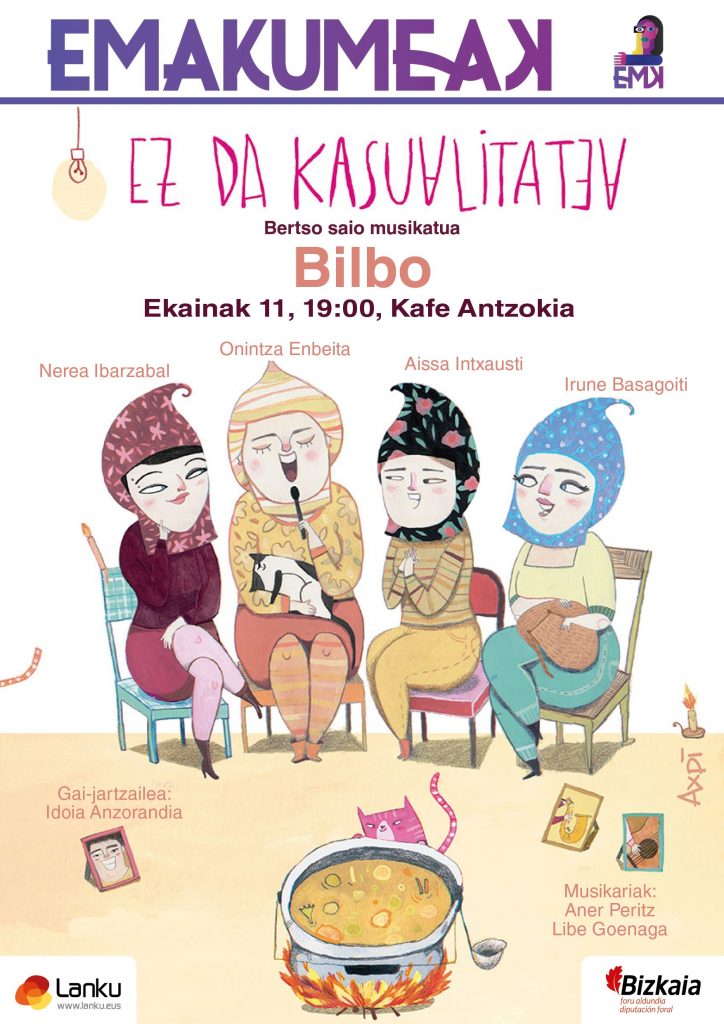 Zenbat Gara elkartea (@zenbatgara) on Twitter photo Bihar 19:00etan "Ez da kasualitatea" bertso saio musikatua <a href="/kafeantzokia/">Kafe Antzokia</a>
Bertsotan: Nerea Ibarzabal, Onintza Enbeita, Irune Basagoiti eta Aissa Intxausti
Musikariak: Aner Peritz eta Libe Goenaga
#EMAKUMEAK ekimenaren baitan
Sarrerak doan hemen:
emakumeak.eus/eu/producto/ez⦠Bihar 19:00etan "Ez da kasualitatea" bertso saio musikatua <a href="/kafeantzokia/">Kafe Antzokia</a>
Bertsotan: Nerea Ibarzabal, Onintza Enbeita, Irune Basagoiti eta Aissa Intxausti
Musikariak: Aner Peritz eta Libe Goenaga
#EMAKUMEAK ekimenaren baitan
Sarrerak doan hemen:
emakumeak.eus/eu/producto/ezā¦