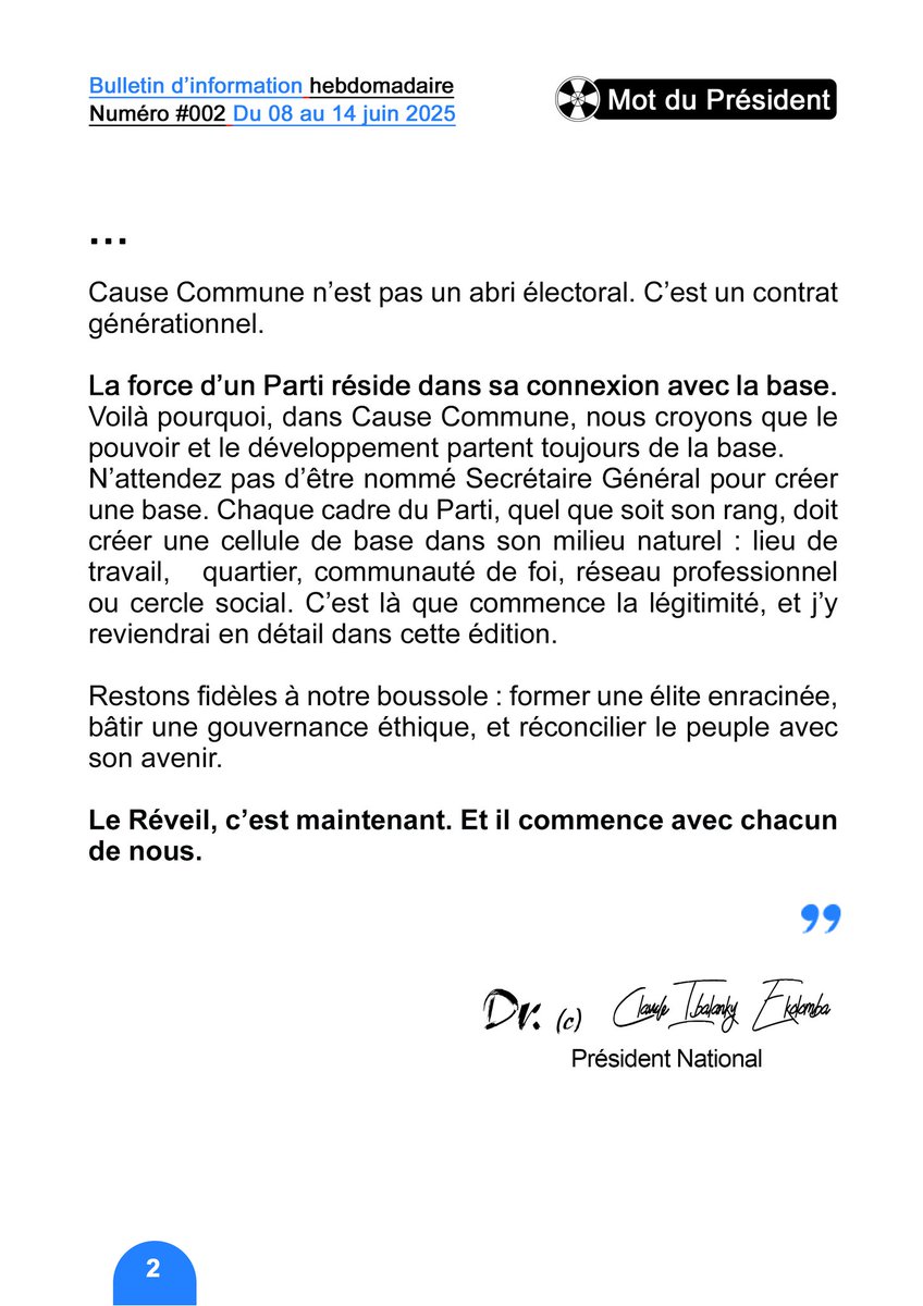 Chers camarades, 
Nous vous invitons à découvrir le mot du Président, publié dans le deuxième numéro du bulletin d'information hebdomadaire du Parti, paru ce dimanche.

• Lisez le bulletin en intégralité sur la chaîne WhatsApp du Président National :  
whatsapp.com/channel/0029Vb…