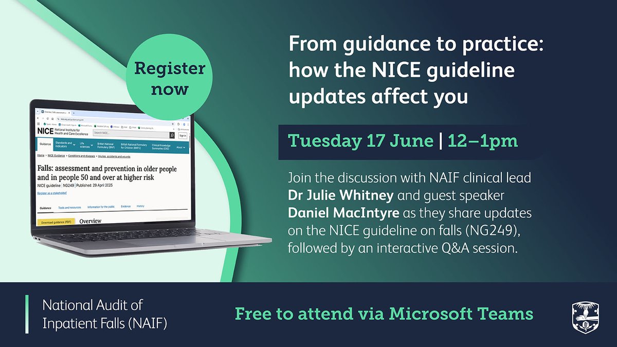 🔊#NAIF Q2 webinar is next week! 

ℹ️The new Falls guideline (NG249) was published 29 April 2025: nice.org.uk/guidance/ng249

How does the updated NICE guideline impact the audit, clinicians, and patients?
Join the discussion: bit.ly/2025Q2webinar