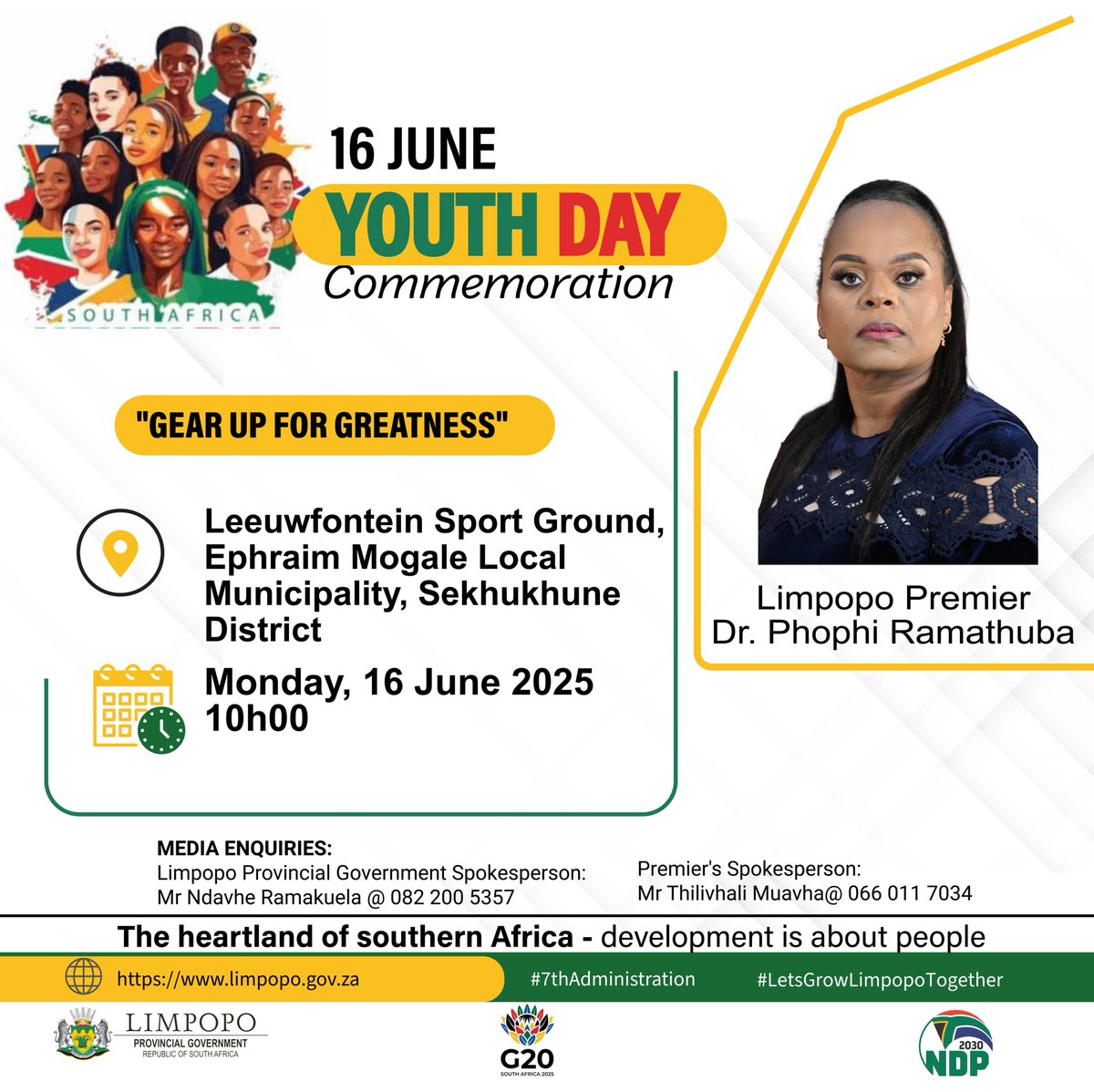 Limpopo Provincial Government (@otplimpopo) on Twitter photo Premier Dr <a href="/PhophiRamathuba/">Dr Phophi Ramathuba</a> will attend the Youth Day Commemoration at Leeuwfontein Sport Ground, Ephraem Mogale Municipality, Sekhukhune District #GearUpForGreatness #YouthDay #YouthMonth2025 #7thAdministration #LeaveNoOneBehind Premier Dr <a href="/PhophiRamathuba/">Dr Phophi Ramathuba</a> will attend the Youth Day Commemoration at Leeuwfontein Sport Ground, Ephraem Mogale Municipality, Sekhukhune District #GearUpForGreatness #YouthDay #YouthMonth2025 #7thAdministration #LeaveNoOneBehind