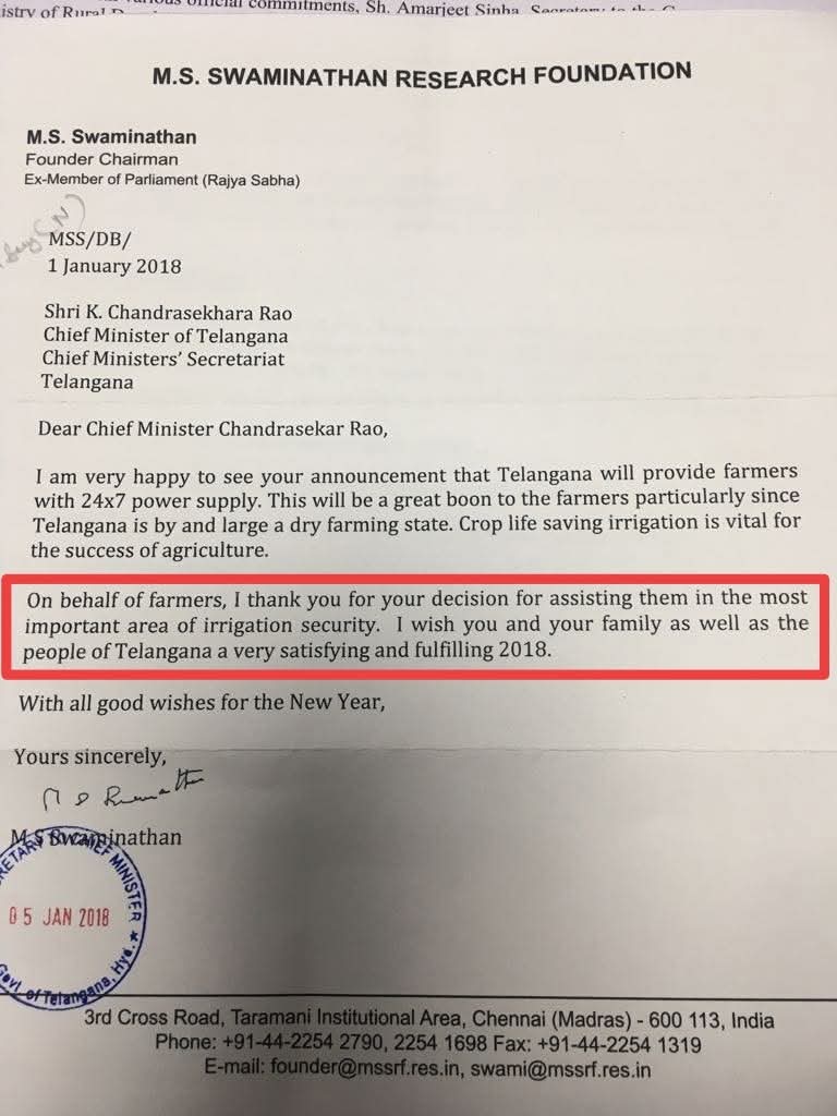 వ్యవసాయరంగంలో దేశం మొత్తం సూచనలు చేసే పెద్దాయన MS స్వామినాథన్ గారు

తెలంగాణాలో కెసిఆర్ చేసిన పనులకు ఫిదా అయి ఆనందం వ్యక్తం చేశారు 

కెసిఆర్ చేసిన రైతులకు 24*7 పవర్ ప్రకటన M S స్వామినాథన్ గారిని రైతుల తరపున ధన్యవాదాలు తెలిపేంతగా ఇంప్రెస్  చేసింది.

Power : The most important