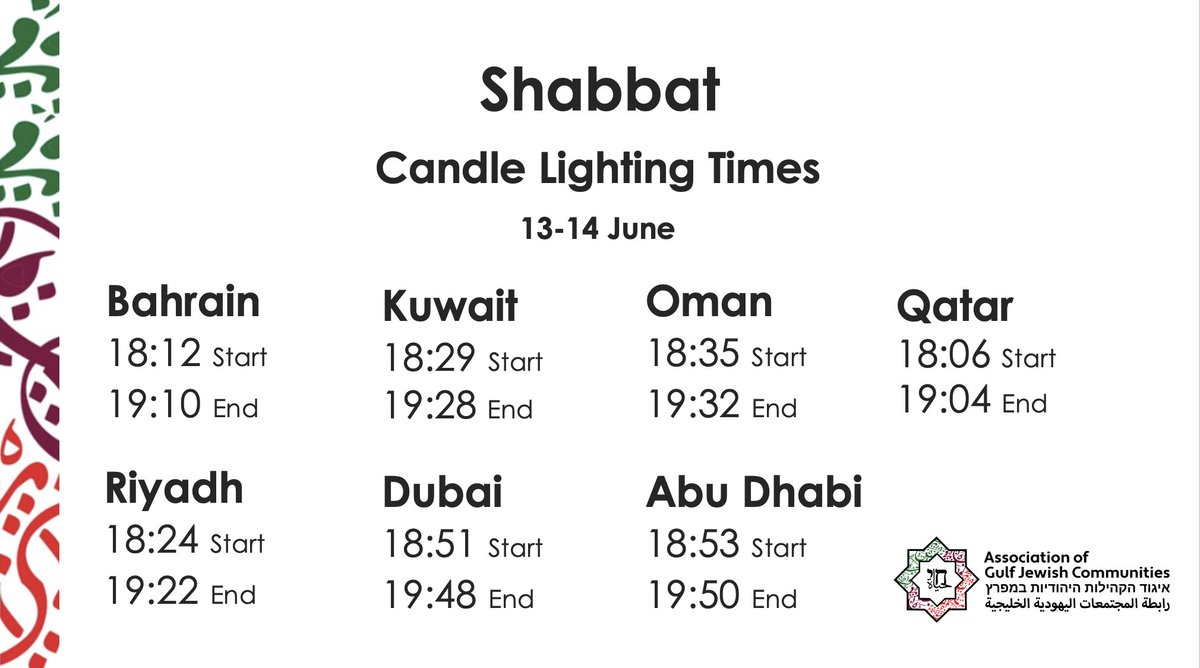 What time is Shabbat this week in Bahrain, Kuwait, Oman, Qatar, Saudi Arabia, and the United Arab Emirates?

Check out gulfjewish.org for Shabbat times and other Jewish resources in the GCC

Shabbat Shalom         
شبات شالوم
שבת שלום
#ShabbatWithAGJC