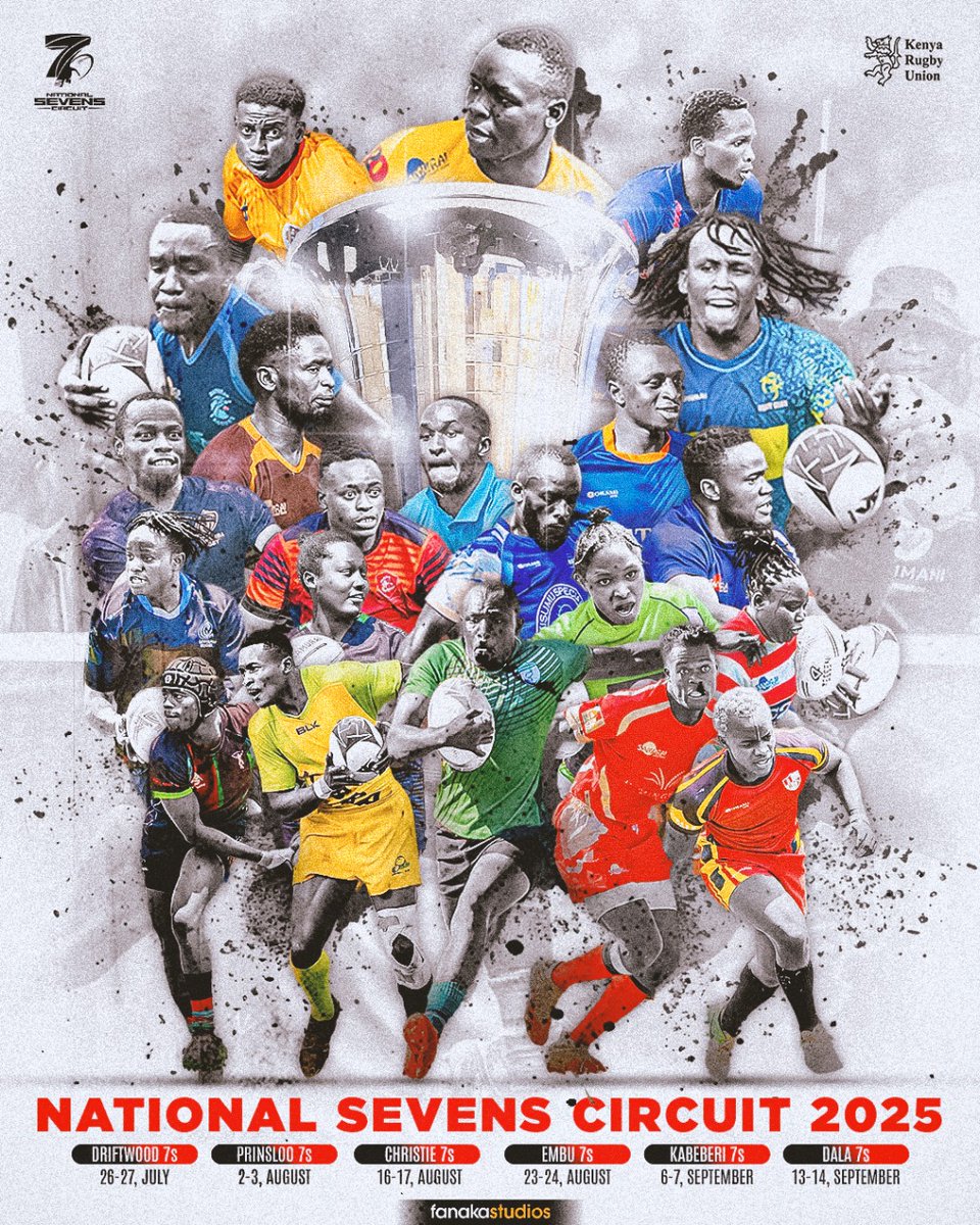 FanakaStudios's tweet photo. NATIONAL 7s CIRCUIT 2025 IS HERE!
Get ready for 6 legs of epic rugby 7s across Kenya!
🗓️ SCHEDULE:
July 26-27: Driftwood 7s 
Aug 2-3: Prinsloo 7s 
Aug 16-17: Christie 7s 
Aug 23-24: Embu 7s 
Sep 6-7: Kabeberi 7s 
Sep 13-14: Dala 7s 

How many legs will you attend?

#RugbyKE https://t.co/m34vtJGnBx