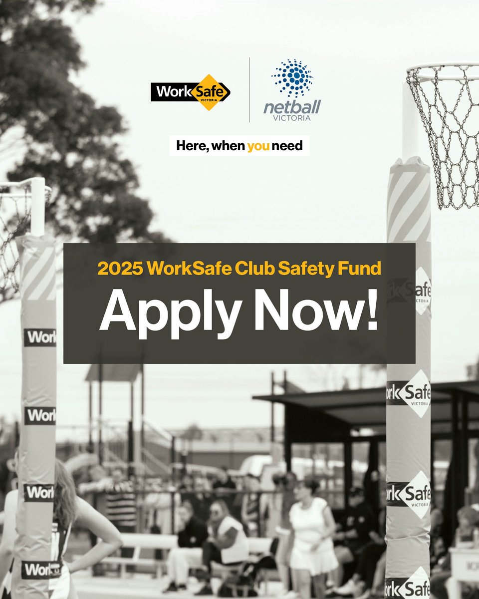WorkSafe Victoria (@worksafe_vic) on Twitter photo Applications for this year's WorkSafe Club Safety Fund are now open!
Clubs affiliated with <a href="/netballvic/">Netball Victoria</a> can apply to receive financial assistance to improve the safety of their facilities for players, coaches, volunteers and spectators.
Apply by July 11: vic.netball.com.au/worksafe-club-… Applications for this year's WorkSafe Club Safety Fund are now open!
Clubs affiliated with <a href="/netballvic/">Netball Victoria</a> can apply to receive financial assistance to improve the safety of their facilities for players, coaches, volunteers and spectators.
Apply by July 11: vic.netball.com.au/worksafe-club-…