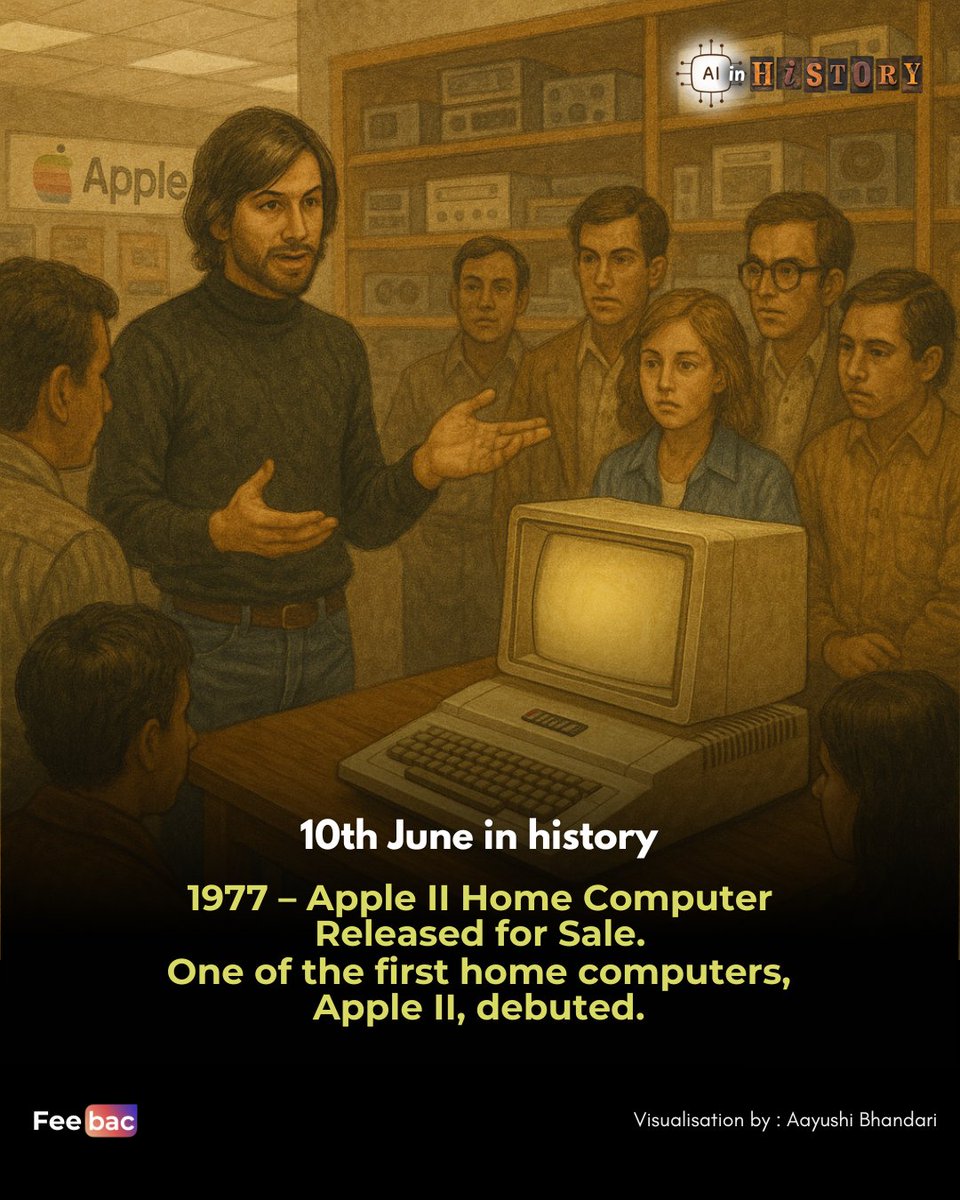 feebac_media's tweet image. 💻 1977 – Apple II launched, revolutionizing personal computing. A silicon spark that powered a digital age.
#AppleII1977 #TechHistory #HomeComputing #PersonalComputingRevolution #SteveJobs #SiliconLegacy #AIinHistory #FeebacVisuals #ReimagineThePast