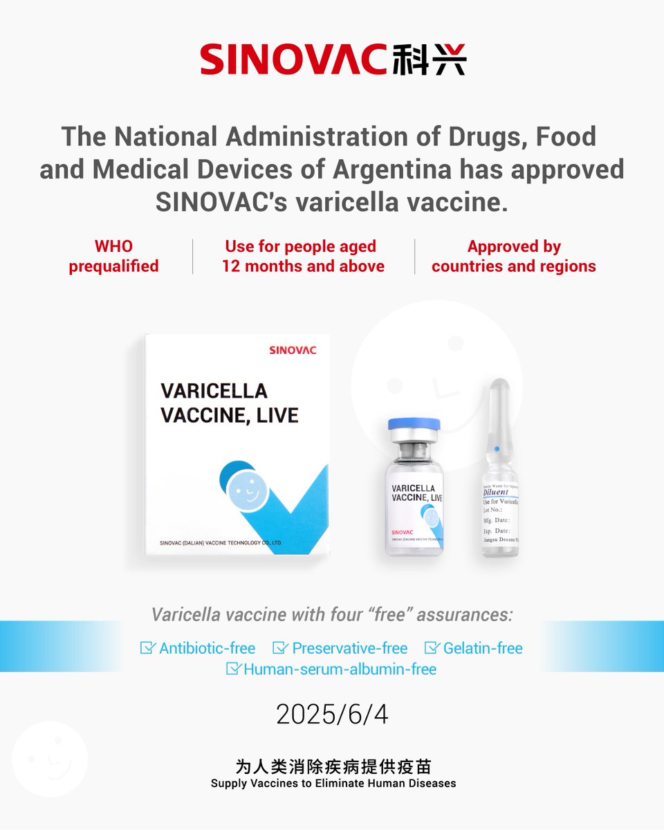 🚀 The National Administration of Drugs, Food and Medical Devices <a href="/ANMATsalud/">ANMAT</a> of Argentina has approved SINOVAC's varicella vaccine. Another step forward for public health! 💉#Varicella #Vaccine #PublicHealth #chickenpox #LATAM #Argentina #salud