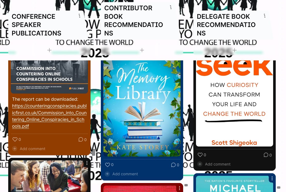 Our #EYP2CtW25  community library continues to grow;  padlet.com/pday1/eyp2ctw-…
Col 1: speakers publications  
Col 2: recommendations by speakers 
Col 3: recommendations by delegates  
What book has informed, inspired, empowered you? (Poetry, prose, picture, professional or other)