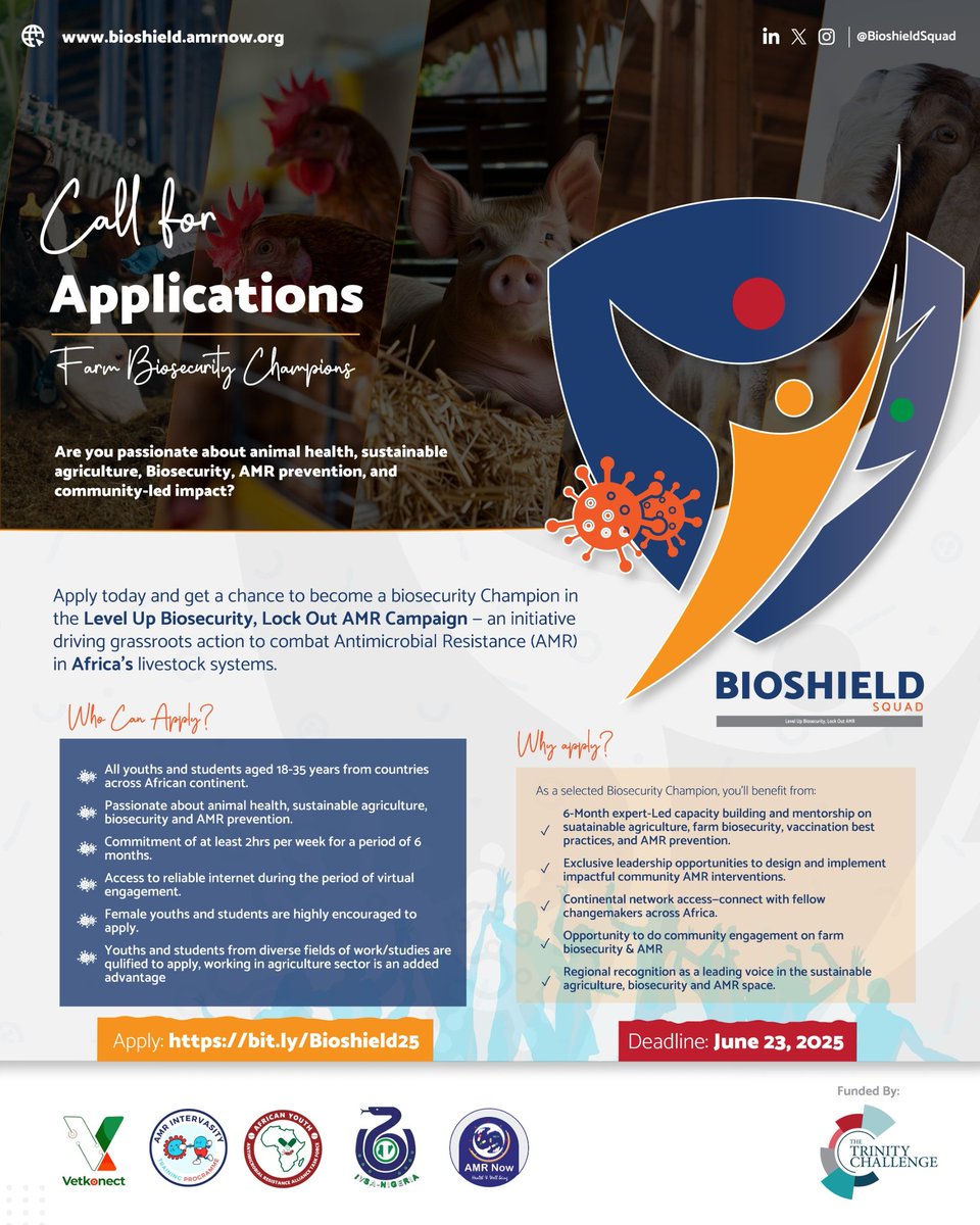 Calling all passionate youth in Sub-Saharan Africa

Level up your skills in biosecurity &amp; lead the fight against AMR.

🧠 6-week training
🌱 Engage farmers
🏅 Get certified &amp; mentored

Apply now 👇
 forms.gle/NEq8UeckVXmwj8…

🗓 Deadline: June 23

#BiosecurityChampions #AMR