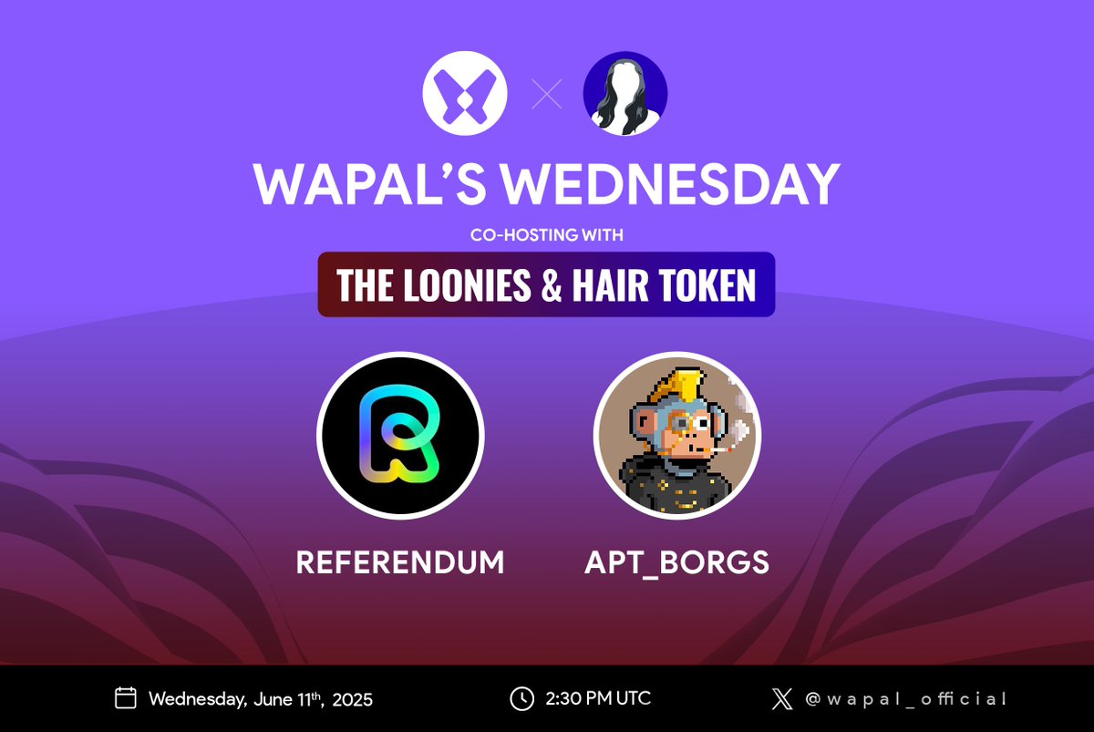 Wapal (@wapal_official) on Twitter photo Turn on the reminders 🔔
This week's Wapal's Wednesday as we co-host with $Loon by <a href="/theloonies_nft/">The Loonies</a> & <a href="/HairTokenApt/">Hair Token 💈</a>
F. <a href="/APTOS_Borgs/">APT_Borgs</a> & <a href="/referendum_app/">REFERENDUM</a>
Set your reminders: x.com/i/spaces/1DXxy…
🗓️ - 2:30 PM UTC Turn on the reminders 🔔
This week's Wapal's Wednesday as we co-host with $Loon by <a href="/theloonies_nft/">The Loonies</a> & <a href="/HairTokenApt/">Hair Token 💈</a>
F. <a href="/APTOS_Borgs/">APT_Borgs</a> & <a href="/referendum_app/">REFERENDUM</a>
Set your reminders: x.com/i/spaces/1DXxy…
🗓️ - 2:30 PM UTC