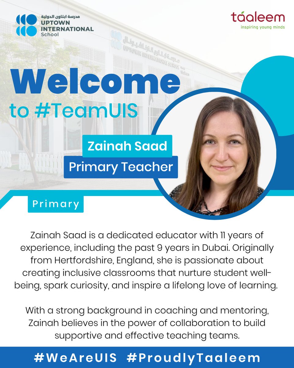UISDubai's tweet image. Welcome to #TeamUIS Zainah!
She brings 11 years of experience including 9 years of experience in the UAE. She is originally from Hertfordshire and will be joining our Primary team. We are thrilled to welcome her! 🍎🌟
#WeAreUIS #ProudlyTaaleem