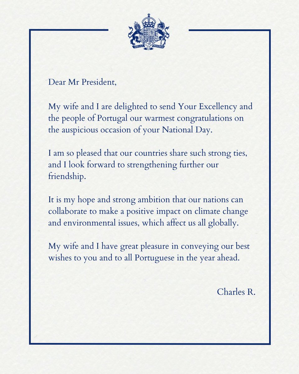 Partilhamos a mensagem de Sua Majestade o Rei Carlos III ao Presidente Marcelo Rebelo de Sousa e a todos os portugueses no Dia de Portugal, de Camões e das Comunidades Portuguesas 🇵🇹