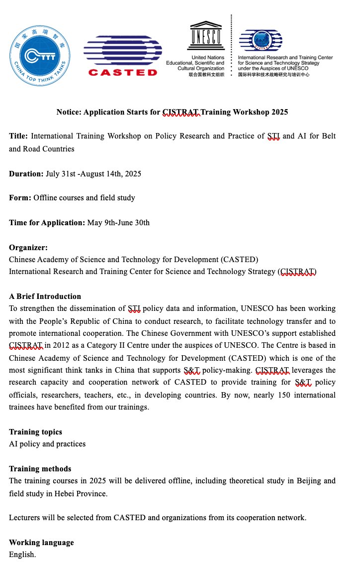 istic_unesco's tweet image. 📢 Call for Nomination – CISTRAT Training Workshop 2025 on AI Policy and Pratices
📍 Beijing & Hebei, China
🗓️ July 31 – August 14, 2025
More Info 👉 cistrat.casted.org.cn/channel/newsin…