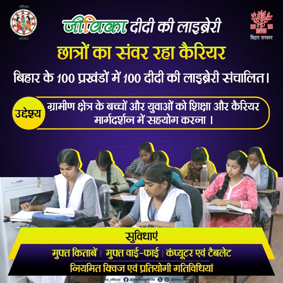जीविका दीदी की लाइब्रेरी से संवर रहा छात्रों का कैरियर।

#JEEVIKA
#didikilibrary
#RuralDevelopment #Education 
<a href="/MoRD_GoI/">Ministry of Rural Development, Government of India</a> <a href="/BiharRDD/">BiharRuralDevelopmentDept</a> 
<a href="/DAY_NRLM/">DAY-NRLM (Aajeevika)</a> <a href="/BiharEducation_/">Education Department, Bihar</a>