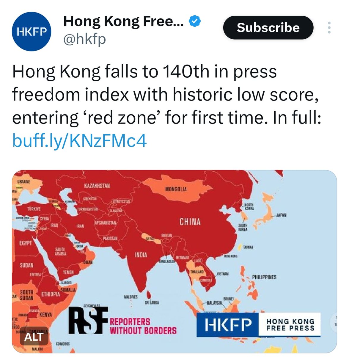 CheringDorjey's tweet photo. #HongKong used to be a press freedom beacon in Asia. Now?
140th place—next to China and North Korea.
You don’t fall that far by accident. This is the result of systemic repression, arrests, and fear.
#HongKongProtests #Jounalismunderthreat #Factwire
@FIC_HK @finnlau_cd https://t.co/MYccQjF7xE