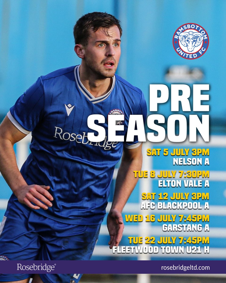 𝗣𝗥𝗘-𝗦𝗘𝗔𝗦𝗢𝗡 𝗙𝗥𝗜𝗘𝗡𝗗𝗟𝗜𝗘𝗦

We're looking at adding one more date to this list but here's our pre-season schedule as it stands.

Saturday 5th July 3pm
Nelson (A)

Tuesday 8th July 7:30pm
Elton Vale (A)

Saturday 12th July 3pm
AFC Blackpool (A)

Wednesday 16th July