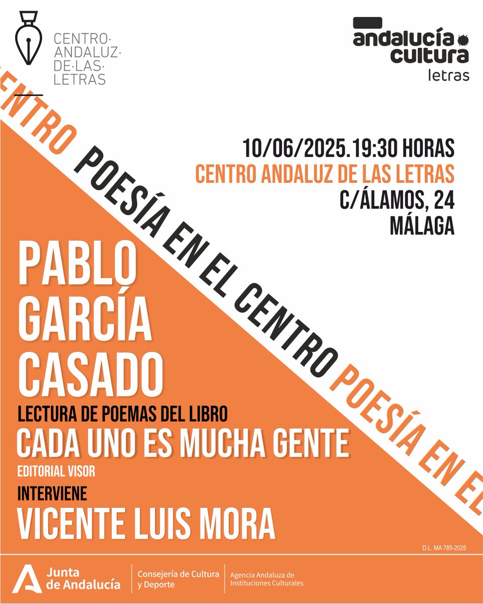 📚 <a href="/letrasandalucia/">Centro Andaluz de las Letras</a> te propone hoy, a 19:30h:

📌Costica Bradatan conversa con Jesús Navarro y Corina Oproae en <a href="/CICUS_/">CICUS</a> 
📌Encuentro con Enrique Vila-Matas en <a href="/CentroFGL/">Centro Federico García Lorca</a> 
📌 Lectura de poemas de <a href="/pgcasado/">Pablo García Casado</a> de `Cada uno es mucha gente' con <a href="/MoraVicenteLuis/">Vicente Luis Mora</a> en #Málaga

<a href="/CulturaAND/">Cultura Junta de Andalucía</a>