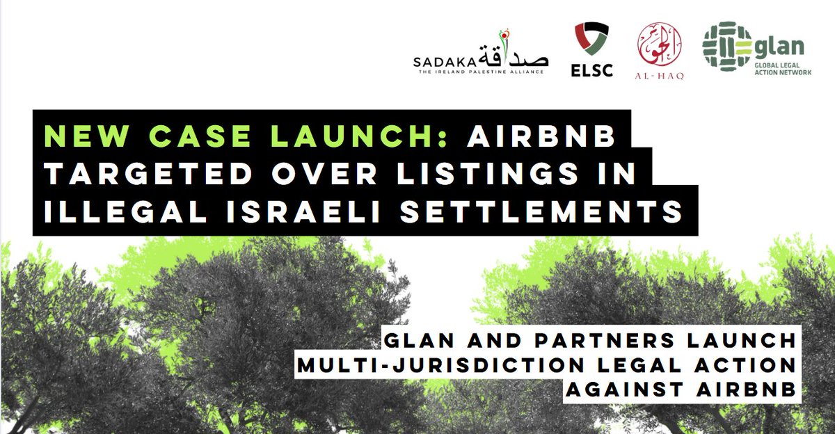 TODAY: GLAN, <a href="/SadakaIreland/">Sadaka</a> &amp; @alhaq launch a multi-jurisdictional set of legal actions targeting #airbnb  listings in Israel’s illegal settlements in the Occupied Palestinian Territory. 🧵

glanlaw.org/palestine-airb…