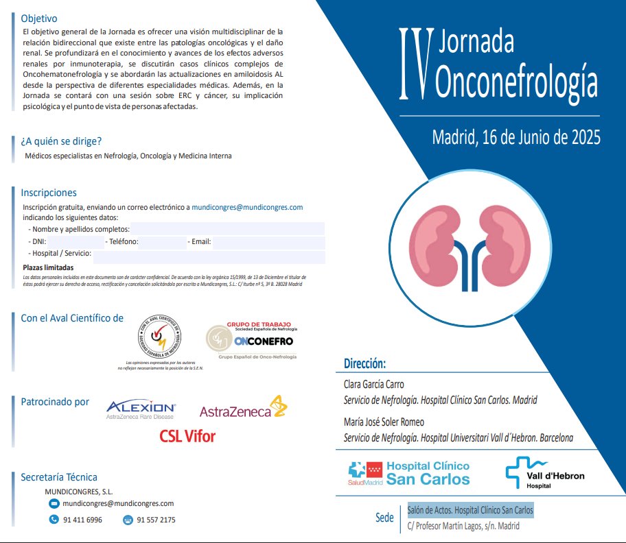 Societat Catalana de Nefrologia (@nefrocat) on Twitter photo 🎗️ IV Jornada Onconefrología.
Una trobada per aprofundir en la relació entre patologies oncològiques i el dany renal.
📅 16 de juny
📍 Hosp. Clínico San Carlos, Madrid
👩⚕️ Direcció:
<a href="/ClaraGCarro/">Clara García Carro</a>, <a href="/SaludMadrid/">Salud Madrid</a>
<a href="/PepaSolerR/">Maria Jose Soler</a>, <a href="/vallhebron/">Vall d'Hebron</a>
➕linke.to/JornadaOncoNef…
#JornadaOncoNefro 🎗️ IV Jornada Onconefrología.
Una trobada per aprofundir en la relació entre patologies oncològiques i el dany renal.
📅 16 de juny
📍 Hosp. Clínico San Carlos, Madrid
👩⚕️ Direcció:
<a href="/ClaraGCarro/">Clara García Carro</a>, <a href="/SaludMadrid/">Salud Madrid</a>
<a href="/PepaSolerR/">Maria Jose Soler</a>, <a href="/vallhebron/">Vall d'Hebron</a>
➕linke.to/JornadaOncoNef…
#JornadaOncoNefro