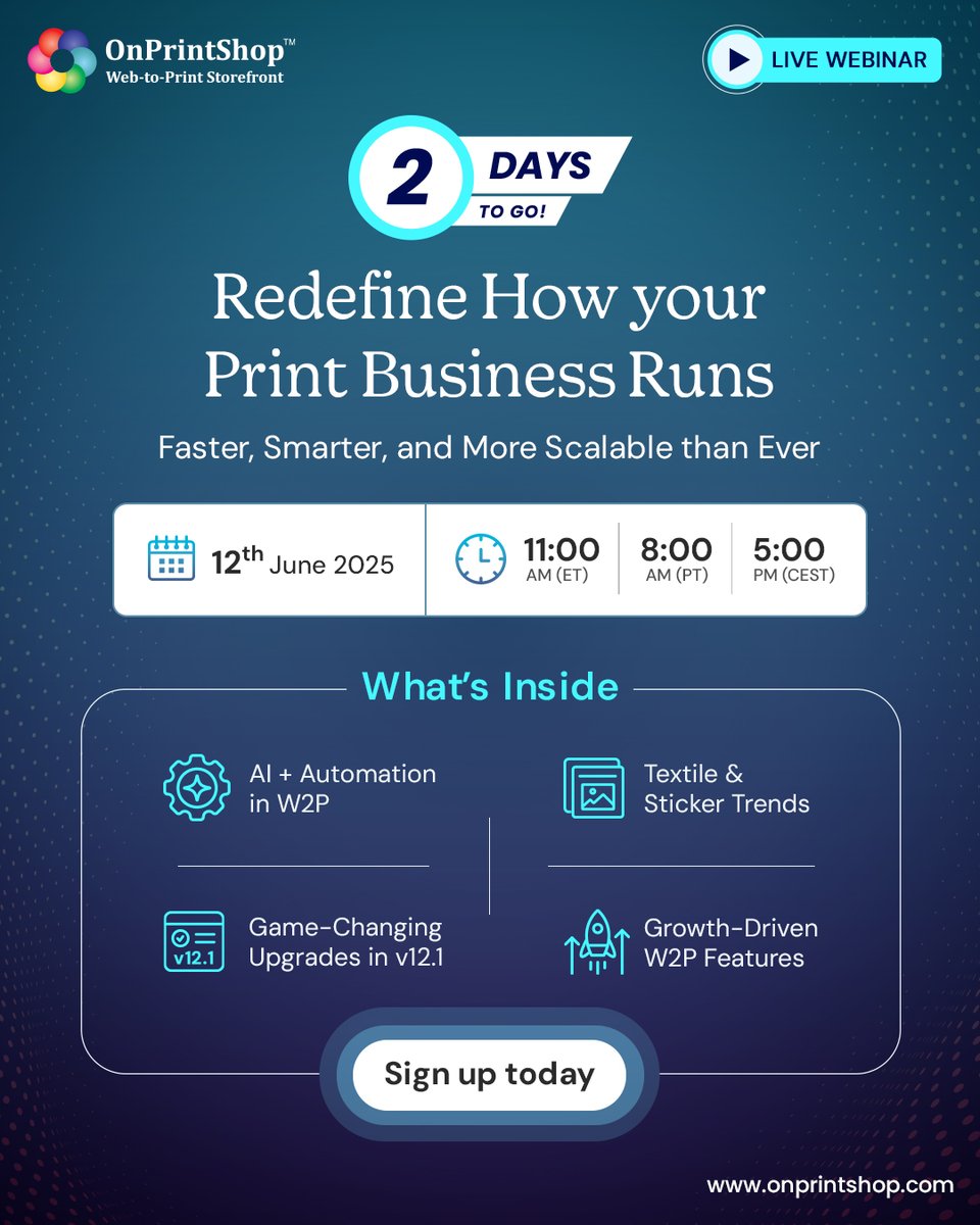 onprintshop's tweet image. Join #OnPrintShop’s #LiveWebinar to see how top #printers are using tech-first strategies to grow smarter.

What’s inside:
👉 #AI + #Automation in W2P
👉 #Textile &amp;amp; #Sticker Trends
👉 New in #Version12 .1
👉 Growth-Driven #W2P Features

Sign up today: events.teams.microsoft.com/event/9728a3e9…