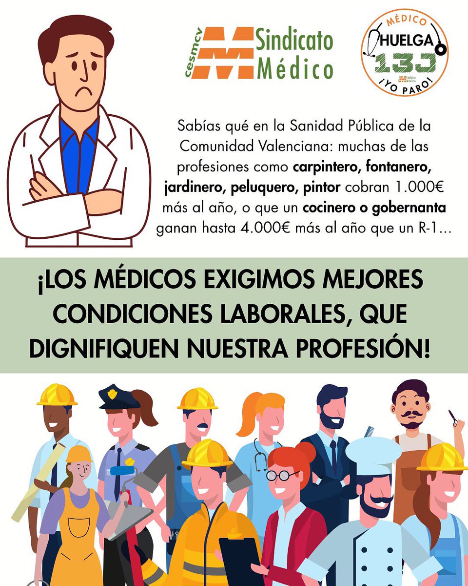 Los #médicos exigimos mejores condiciones laborales, que dignifiquen nuestra profesión ‼️🥼

HUELGA 13J
#noalborradordelestatutomarco 
<a href="/victorpedrera/">Víctor Pedrera Carbonell</a> <a href="/cesm_sindicatos/">CESM</a> <a href="/NoAnteProyecto/">ESTATUTO MEDICO YA</a>