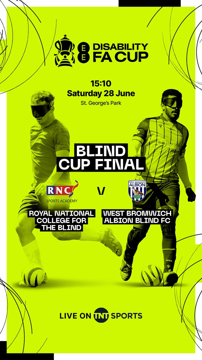 Today's the day… the EE Disability FA Cup live from St. George's Park.🏴󠁧󠁢󠁥󠁮󠁧󠁿
10:00 Amputee Cup Final 🏆
12:30 Partially Sighted Cup Final 🏆
15:10 Blind Cup Final🏆
Tune in on TNT Sports 📺

Find out more 🔗eng.football/kjmfje