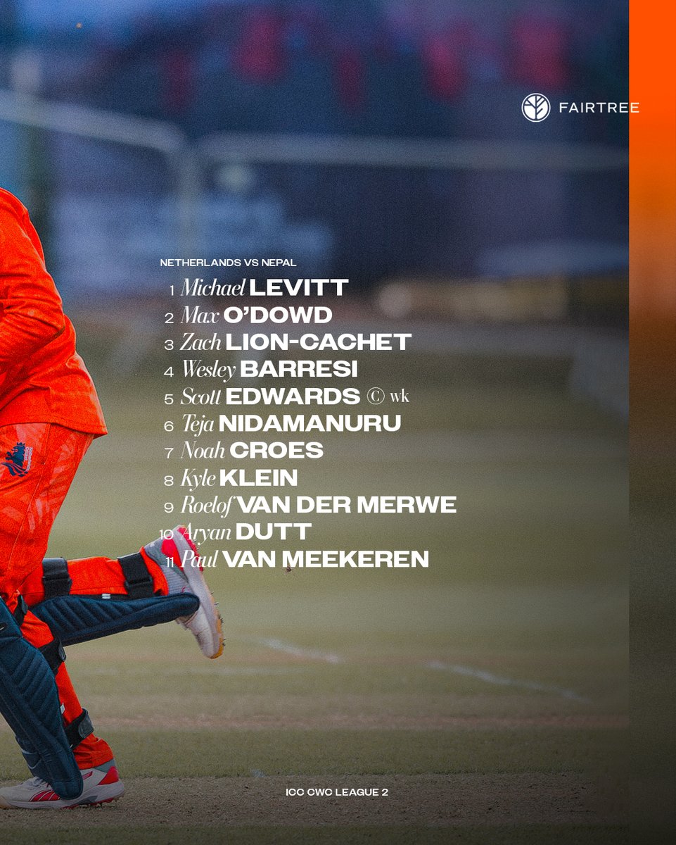 KNCBcricket's tweet photo. 𝗧𝗵𝗲 𝗖𝗵𝗼𝘀𝗲𝗻 𝗫𝗜 🦁 Let's go guys!

📍 Forthill, Dundee – Scotland
🕛 12:00 CET
🇳🇱 Netherlands vs Nepal 🇳🇵

📺 Don’t miss a moment and watch live via @ICC TV.

#kncbcricket #kncbmen #ODIcricket #cwcleague2 #NEDvNEP #TimeToRoar https://t.co/DGpzlKZX5q