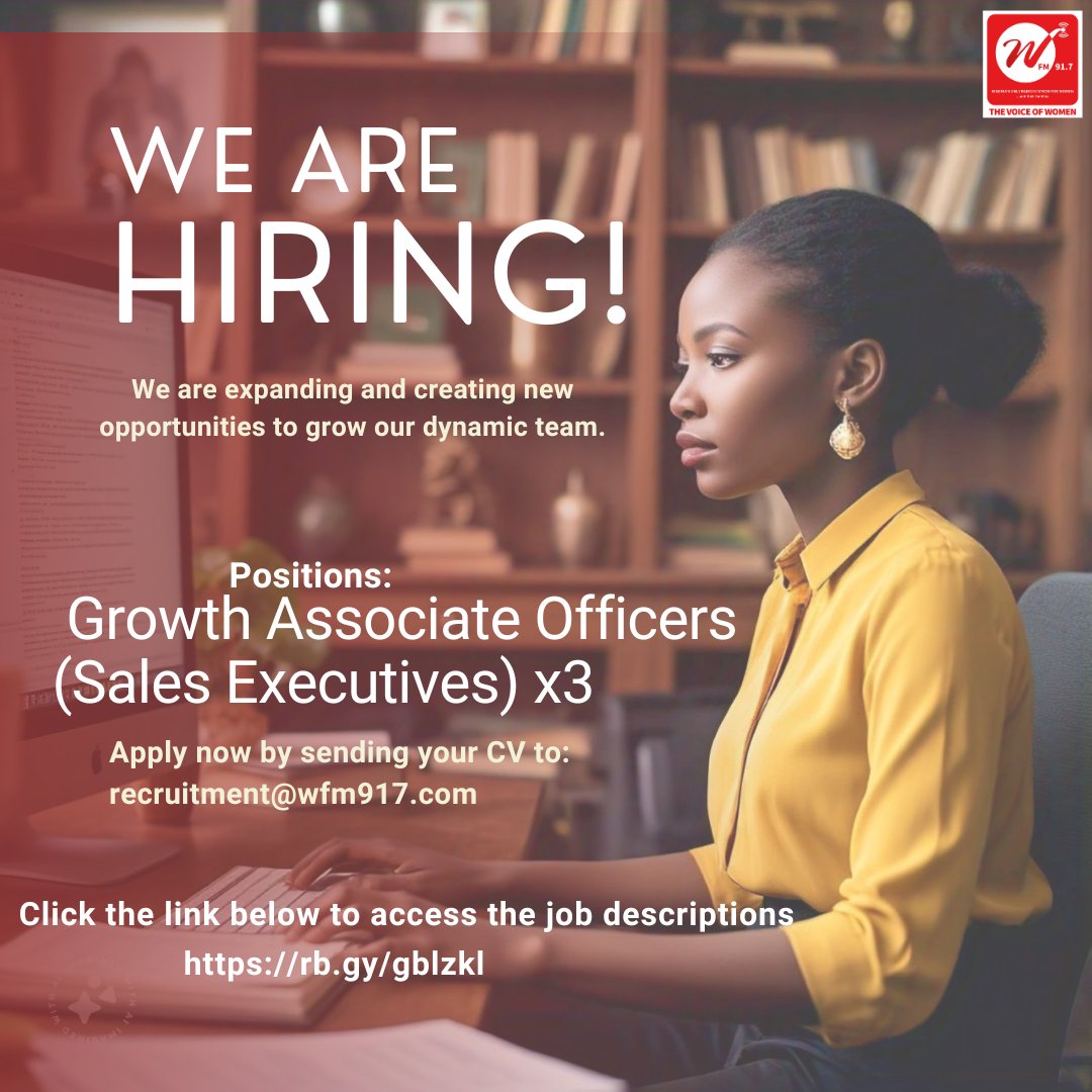 WFM91.7 (@wfm917) on Twitter photo We are hiring!
Join our dynamic team at Women Radio! We're looking for Growth Associate officers to help drive our mission forward.
Apply now: recruitment@wfm917.com
Job Details: rb.gy/gblzkl
#hiring #sales #growthassociates #contentcreator #women We are hiring!
Join our dynamic team at Women Radio! We're looking for Growth Associate officers to help drive our mission forward.
Apply now: recruitment@wfm917.com
Job Details: rb.gy/gblzkl
#hiring #sales #growthassociates #contentcreator #women