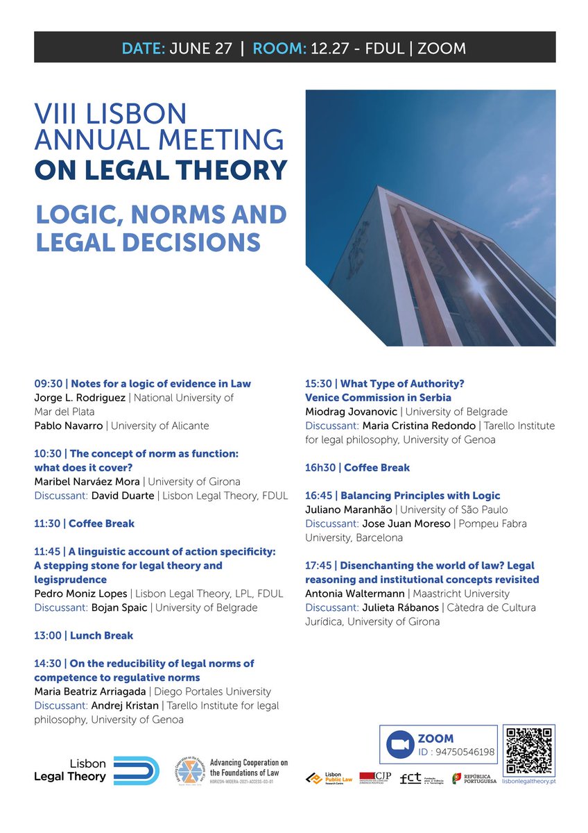 Thrilled to be participating in the VIII Lisbon Annual Meeting on Legal Theory on "Logic, Norms, and Legal Decisions" (<a href="/LisbonLT/">LLT</a> <a href="/ALFHorizon/">ALF</a>), among a rooster of fantastic speakers and discussants.

If you are free on 27 June, join us! 👇