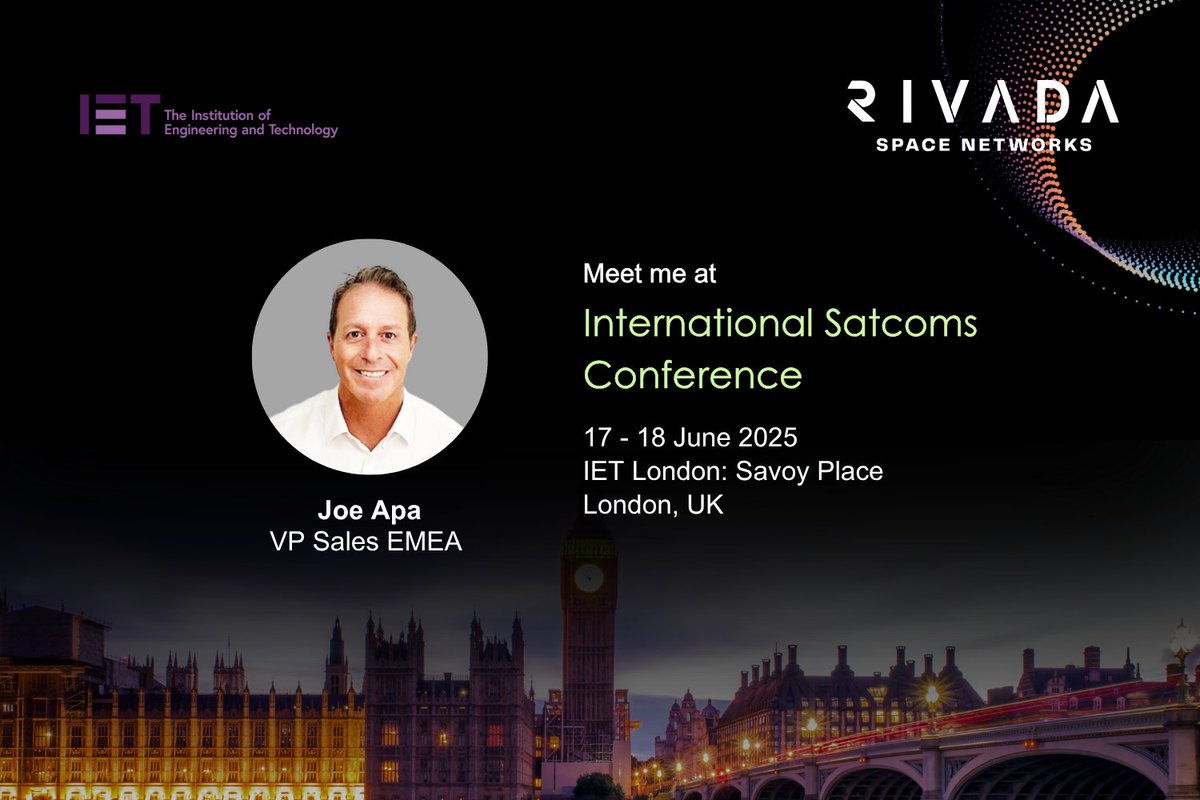 rivadaspace's tweet image. Our VP Sales EMEA is attending the IET's International Satcoms Conference, part of Space and Communication Week held in London next week.
This is a great chance to chat with Joe about Rivada's #Outernet capabilities for premium enterprise and government connectivity. Please…