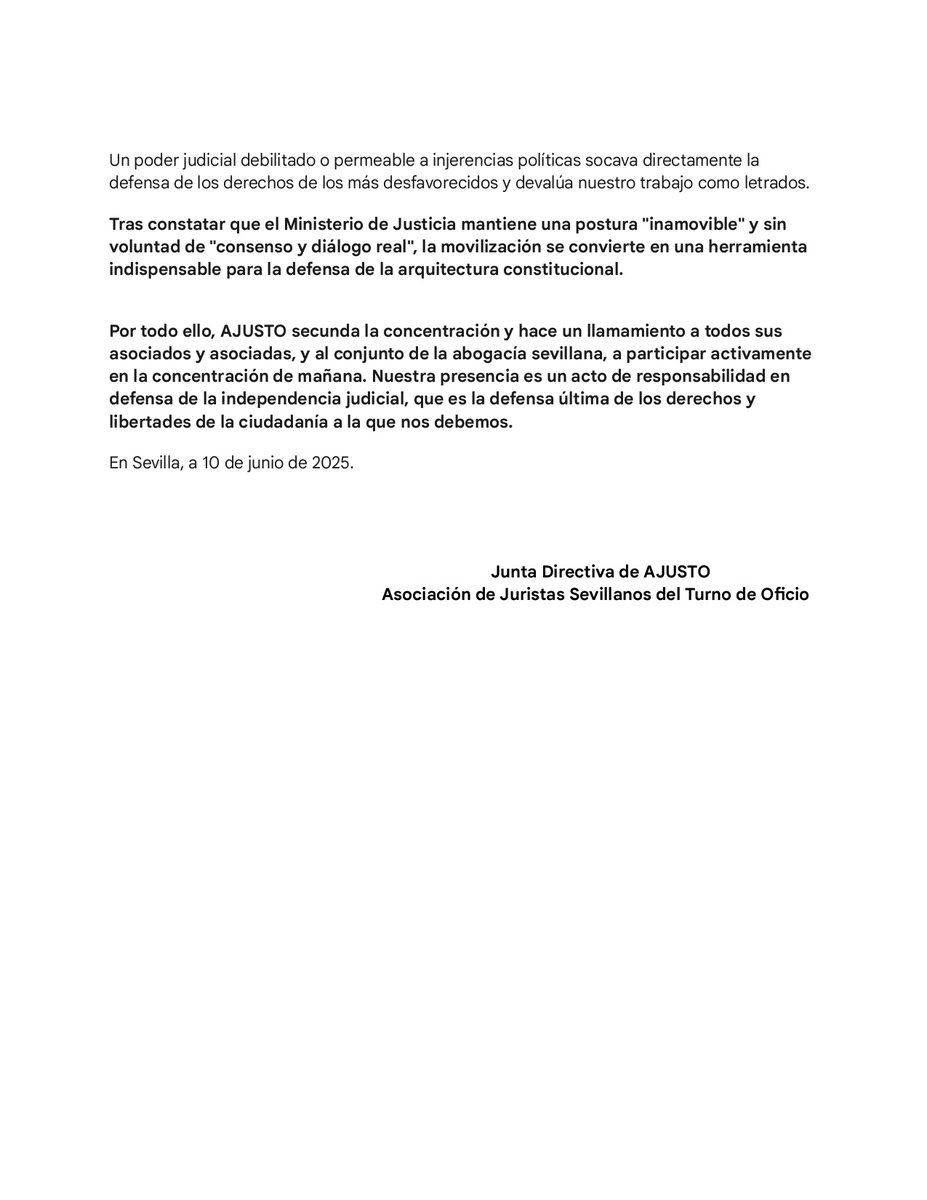 COMUNICADO DE AJUSTO, ASOCIACIÓN DE JURISTAS SEVILLANOS DEL TURNO DE OFICIO📷
En defensa de la Independencia Judicial y el Derecho a la Tutela Judicial Efectiva