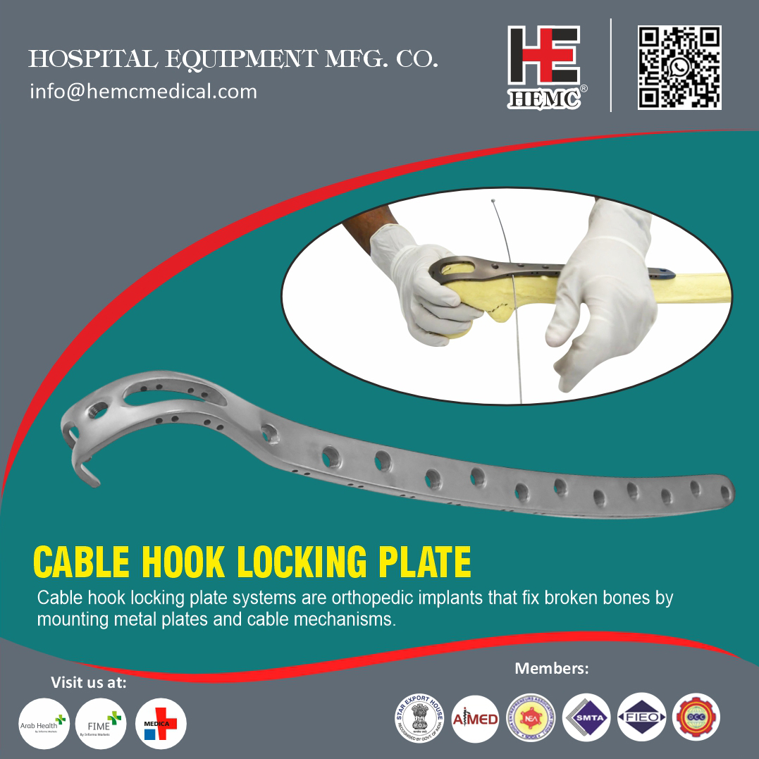 HemcOrtho's tweet image. Cable hook locking plate systems are orthopedic implants that fix broken bones by mounting metal plates and cable mechanisms.
#CableHookLockingPlate #CablePlate #CablePlatingSystem #LockingPlate #OrthopedicImplants #TraumaImplants