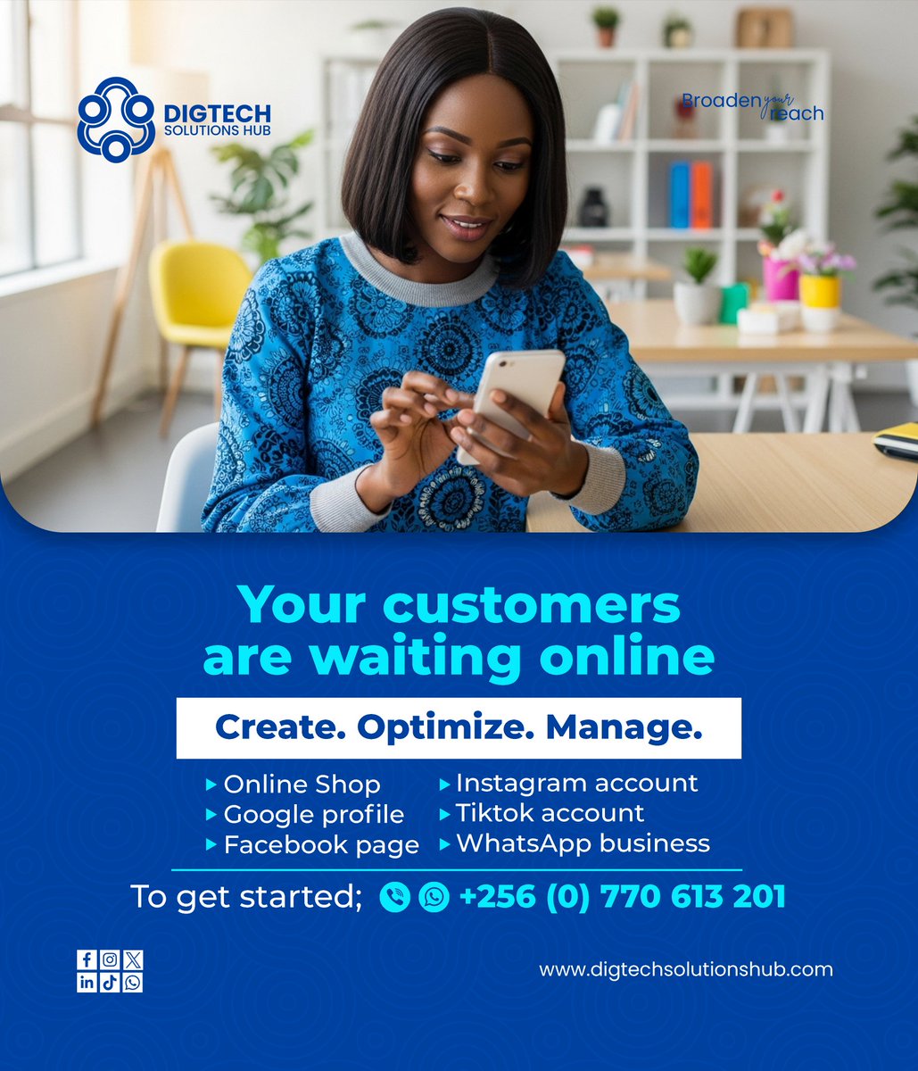 You’re losing trust, sales, and growth daily if your brand doesn't have;

Google Business Profile
Business Website
Facebook Business Page
Instagram Business Account
TikTok Business Account 
WhatsApp Business Account

Let us help you build a powerful online presence!