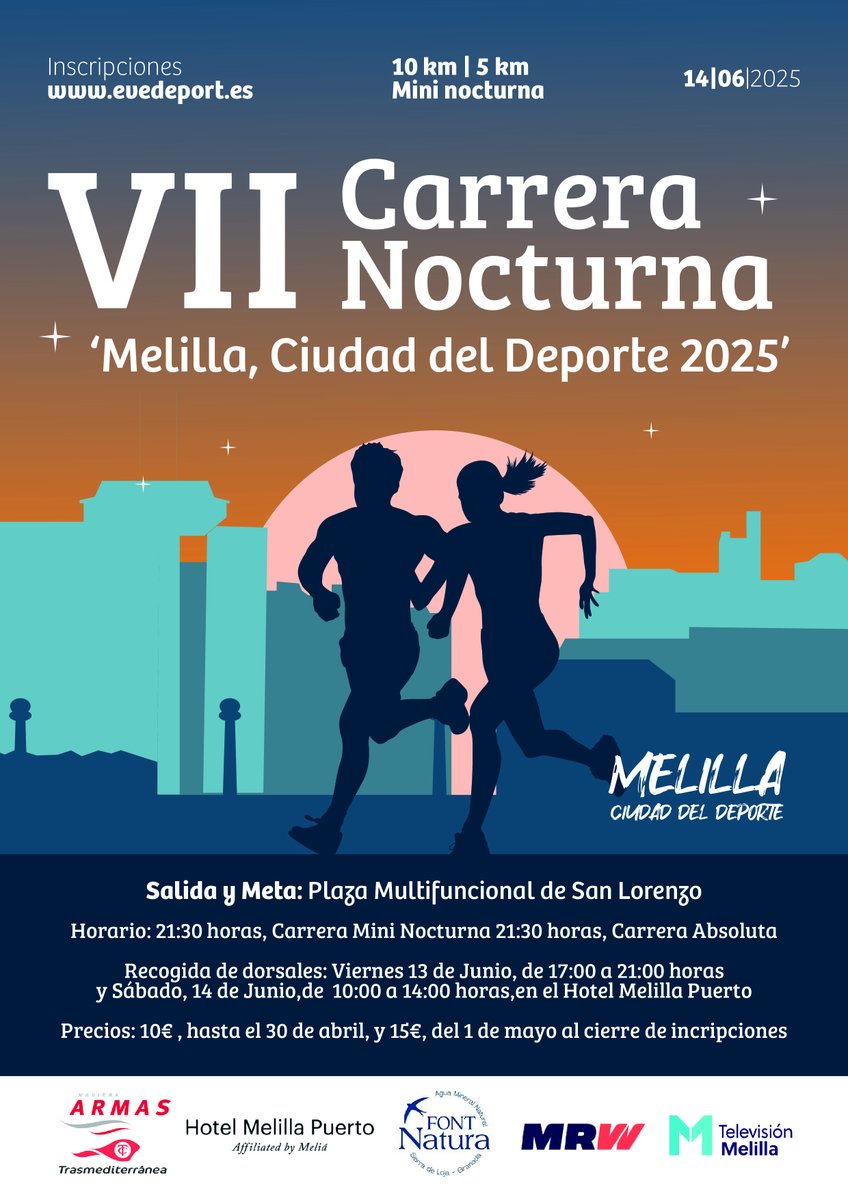 🚨Ampliado el plazo de inscripciones🚨
La VII Carrera Nocturna 'Melilla, Ciudad del Deporte' amplía el periodo de inscripción hasta el jueves a las 23:59 horas.

inscríbete en evederpot.es

#MelillaDeporte #NuestroDeporte

<a href="/mrw_es/">MRW España</a> @trasmediterranea @tvmelilla
