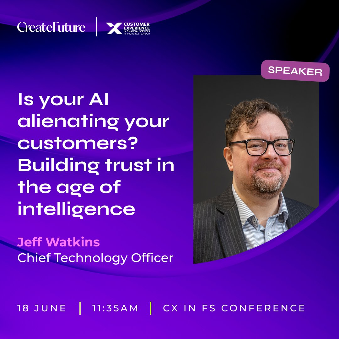 CreateFuture (@createfutureuk) on Twitter photo Is AI alienating your customers?
That’s the exact question our CTO, Jeff, is asking at this year’s CX in FS conference.
If you’re attending, this talk isn’t one to be missed 👀
More information in the conference agenda 👇
arena-international.com/event/customer… Is AI alienating your customers?
That’s the exact question our CTO, Jeff, is asking at this year’s CX in FS conference.
If you’re attending, this talk isn’t one to be missed 👀
More information in the conference agenda 👇
arena-international.com/event/customer…