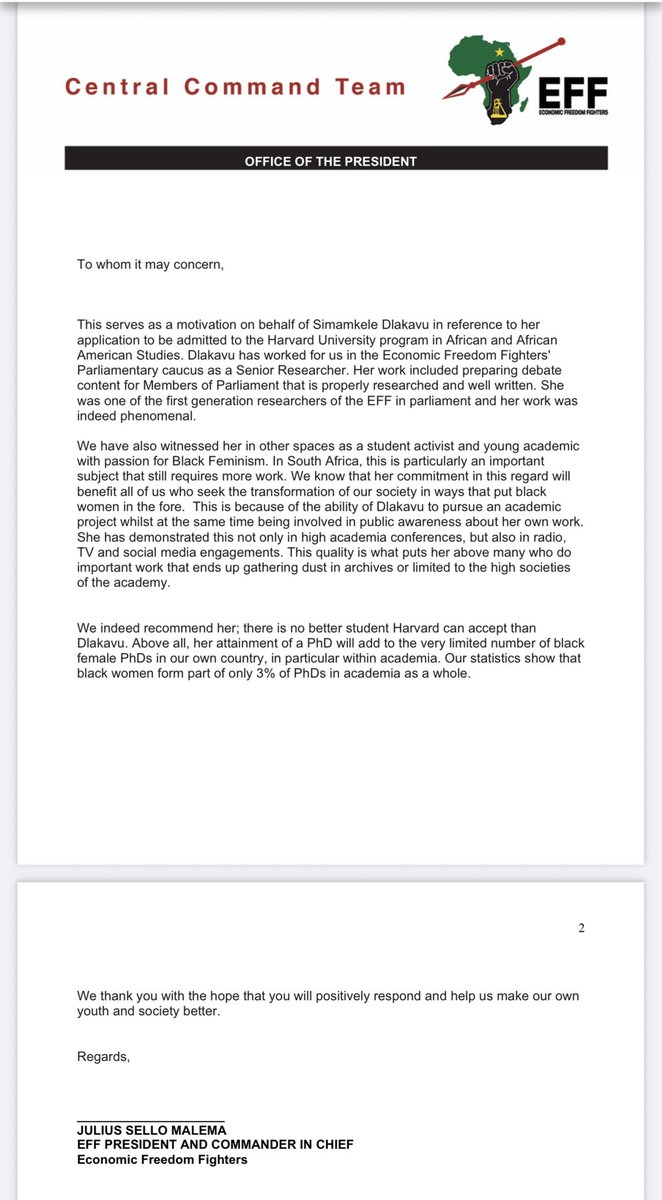 Dr. Simamkele Dlakavu (PhD) (@simamkeled) on Twitter photo I will always love and appreciate you my dear, CIC <a href="/Julius_S_Malema/">Julius Sello Malema</a> ❤️🙏🏾🕯️
I'm so glad I didn't end up at “Harvard”, but instead graduated at an African University.
You did your absolute best for us. I wish you all the peace. I pray that God blesses you and protects you, my I will always love and appreciate you my dear, CIC <a href="/Julius_S_Malema/">Julius Sello Malema</a> ❤️🙏🏾🕯️
I'm so glad I didn't end up at “Harvard”, but instead graduated at an African University.
You did your absolute best for us. I wish you all the peace. I pray that God blesses you and protects you, my