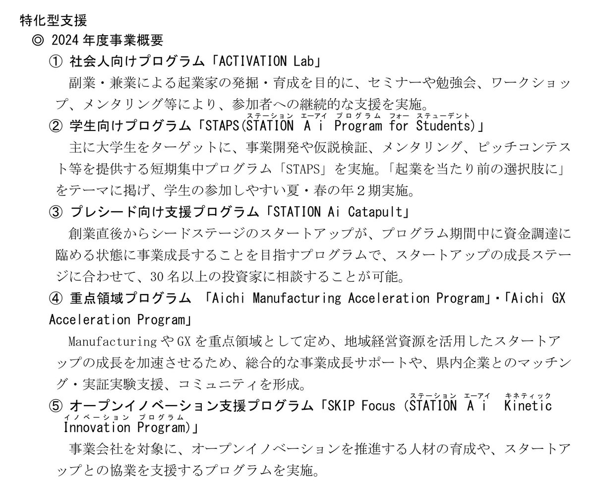 ohmura_hideaki's tweet photo. ⑦◆特化型支援
社会人を対象とした「 #ACTIVATION_Lab 」、学生を対象とした「 #STAPS 」、創業初期向けの「 #STATION_Ai_Catapult 」など、成長フェーズに特化したプログラムを実施するとともに、製造業やGX分野に特化した支援プログラムなども展開し、スタートアップの創出と成長を支えています。 https://t.co/MpAxANx501