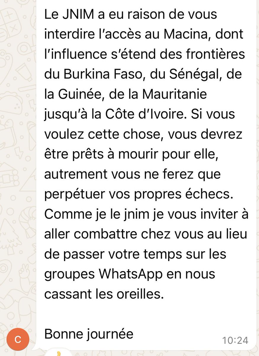 Voici ce que Chodi dit 
Il prouve c’est le JNIM qui monte en puissance pas les FAMA 
Le FLA a tué plus de 84 mercenaires et leurs supplétifs Fama a tinzawaten ça fait mal aux putschistes et leurs griots <a href="/konate90/">KONATE Malick</a> <a href="/attaye_ag/">Attaye Ag Mohamed</a> <a href="/CheickIbtidiani/">𝕮𝖍𝖊𝖎𝖈𝖐 𝕿𝖎𝖉𝖎𝖆𝖓𝖊 𝕯𝕴𝕬𝕽𝕽𝕬</a>