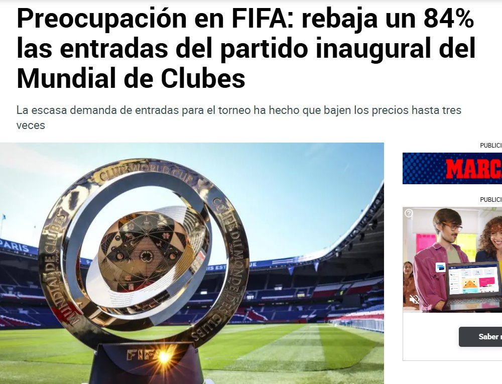 😂😂😂😂😂¡¡¡RIDÍCULO MUNDIAL!!! ¡¡¡NADIE COMPRA ENTRADAS PARA EL MUNDIALITO DE CLUBES Y CASI LAS REGALAN!!!🤣🤣🤣🤣

Rebaja del 84% respecto al precio inicial y preocupación en la FIFA que empieza a temer que nadie vea el mundialito a pesar del bochornoso trabajo de los medios