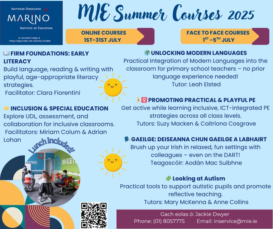 🚨 Summer Courses at #MIE! 🚨
✅ 4 on-campus (July 1–5)
✅ 2 online (all July)
✅ EPV Days approved
✨ New: Unlocking Modern Foreign Languages to support curriculum changes!
ℹ️ Full list: mie.ie/summercourses
#EPVDays #TeacherCPD #CPD #MarinoInstitute #PD #Summercourses