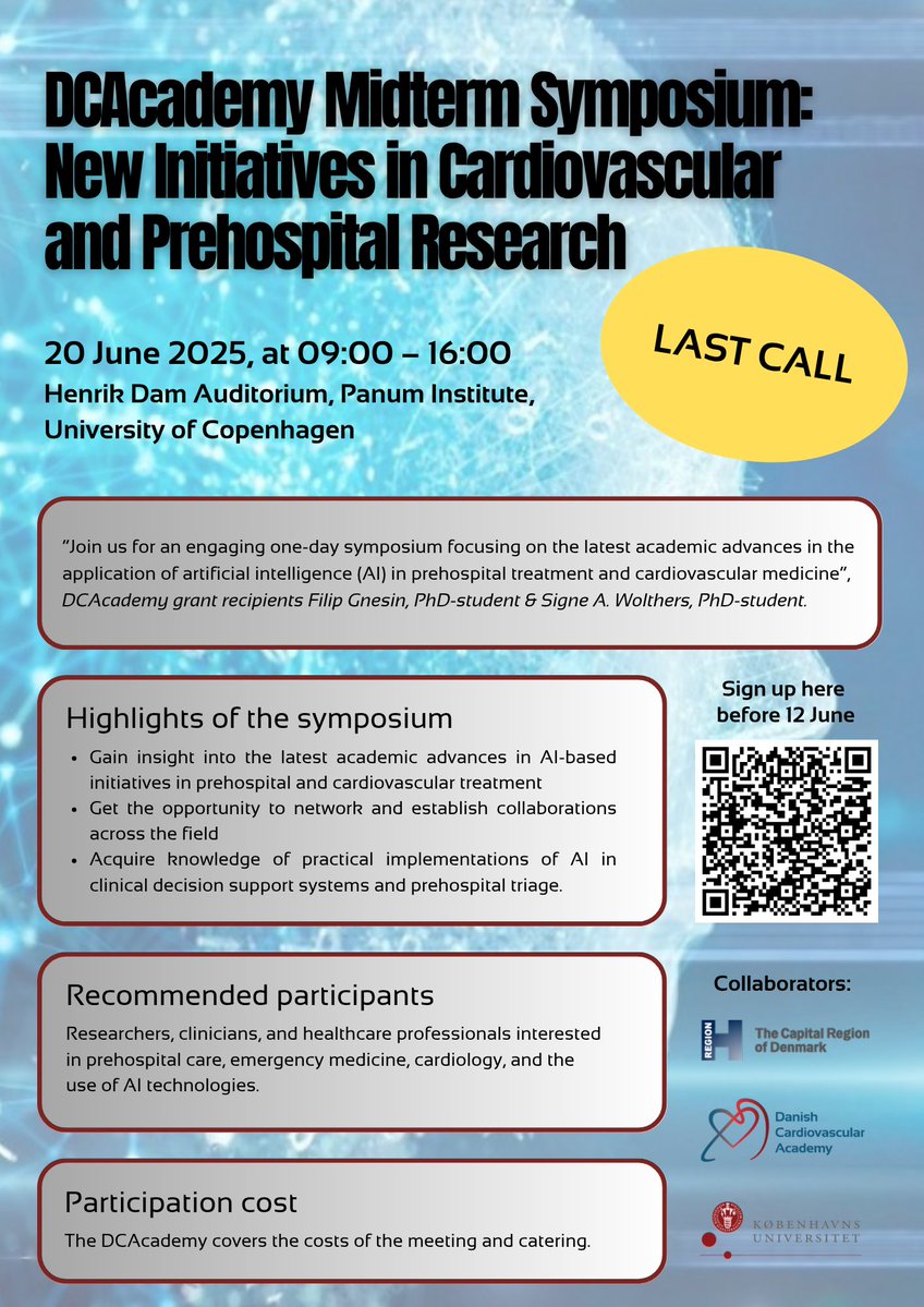 💊 Last call: Midterm Symposium: New Initiatives in Cardiovascular and Prehospital Medicine💊

The deadline for registration for this course is 12 June 2024, at 23:59 ⌛

👉 Sign up to this Midterm Symposium here: ow.ly/bY3a50VZ6kC