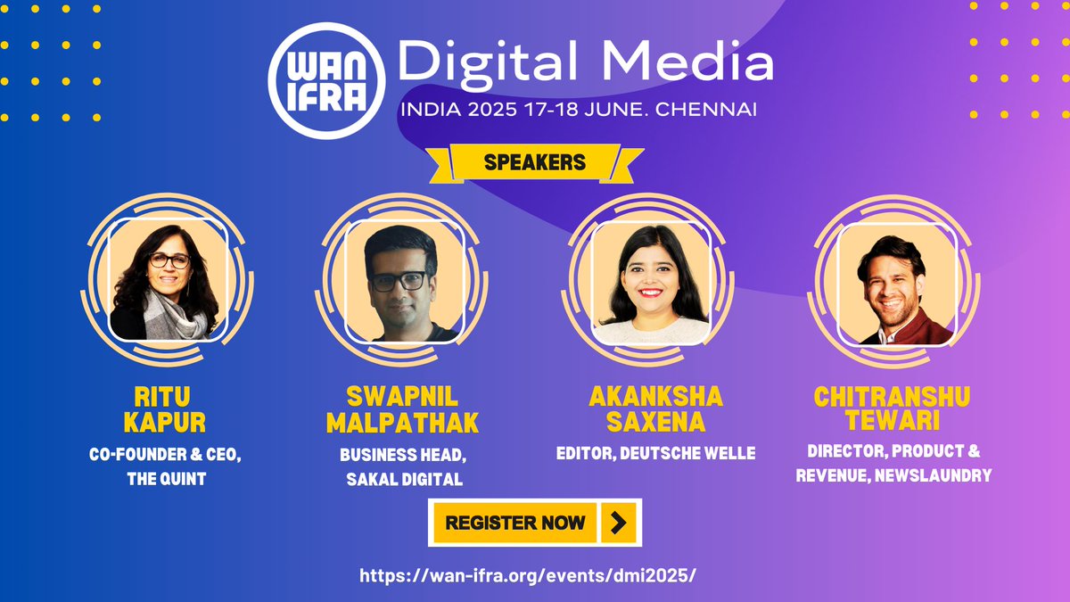 Chitranshu Tewari (@chitranshoe) on Twitter photo In Chennai next week for WAN-IFRA's <a href="/DigitalMediaIn/">WAN-IFRA South Asia</a>.
I’ll be sharing a few lessons (and many questions) from our work at <a href="/newslaundry/">newslaundry</a>, on building reader-powered news products that are accessible and privacy-respecting.
wan-ifra.org/events/dmi2025/ In Chennai next week for WAN-IFRA's <a href="/DigitalMediaIn/">WAN-IFRA South Asia</a>.
I’ll be sharing a few lessons (and many questions) from our work at <a href="/newslaundry/">newslaundry</a>, on building reader-powered news products that are accessible and privacy-respecting.
wan-ifra.org/events/dmi2025/
