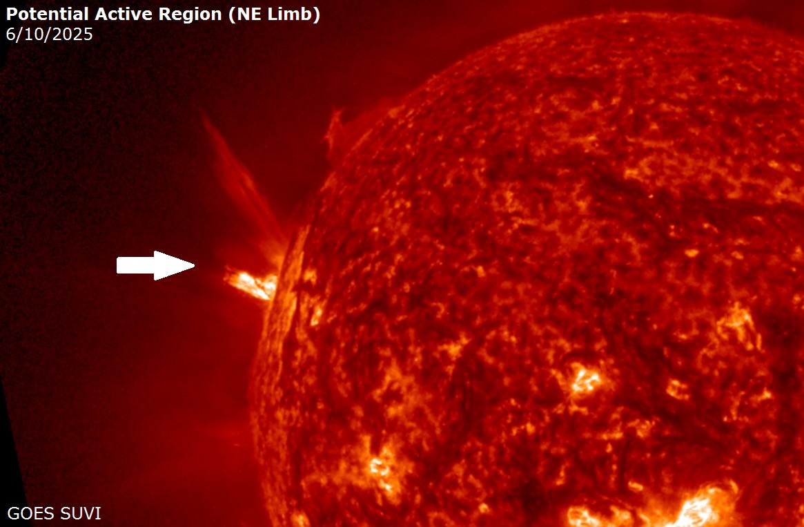 A potential active region off the northeast limb has been flinging plasma into space the past 24 hours. If a sunspot region is responsible, it should begin to rotate into view during the next 24-48 hours. Image by GOES SUVI.