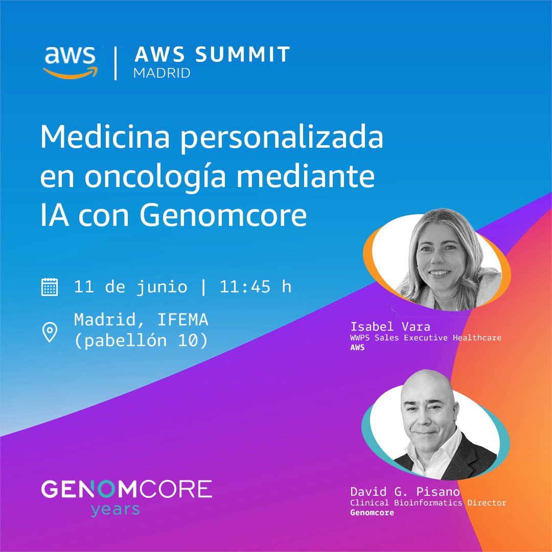 ¿IA en medicina personalizada oncológica? 
David G. Pisano de <a href="/genomcore/">Genomcore</a>  te lo cuenta mañana en el #AWSSummit Madrid (11:45h, IFEMA). ¡No te lo pierdas! <a href="/EstudioDipcan/">Dipcan</a> 
<a href="/awscloud/">Amazon Web Services</a>  #Oncología #IA #MedicinaPersonalizada #DIPCAN