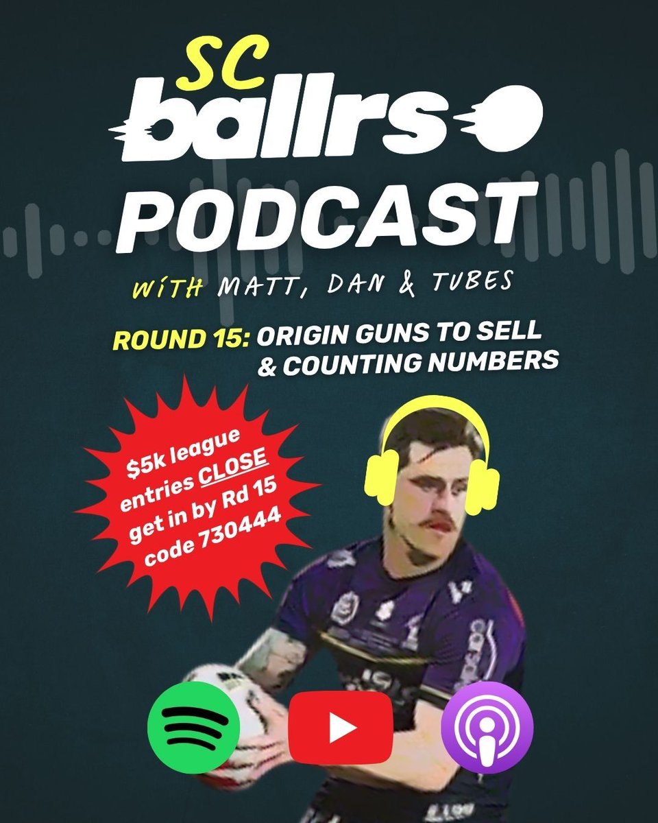 🤯 PODCAST UP - LISTEN NOW on Spotify, Apple &amp; more 🎧 

The OGs - Matt, Dan and Tubes - are back to sift through the Rd 14 aftermath and some Rd 15 team list drama

-Origin players to sell/hold
-Cut-price CTW trade-ins
-Sandon Smith: What to do?
+ more

#SCballrs #NRLSuperCoach