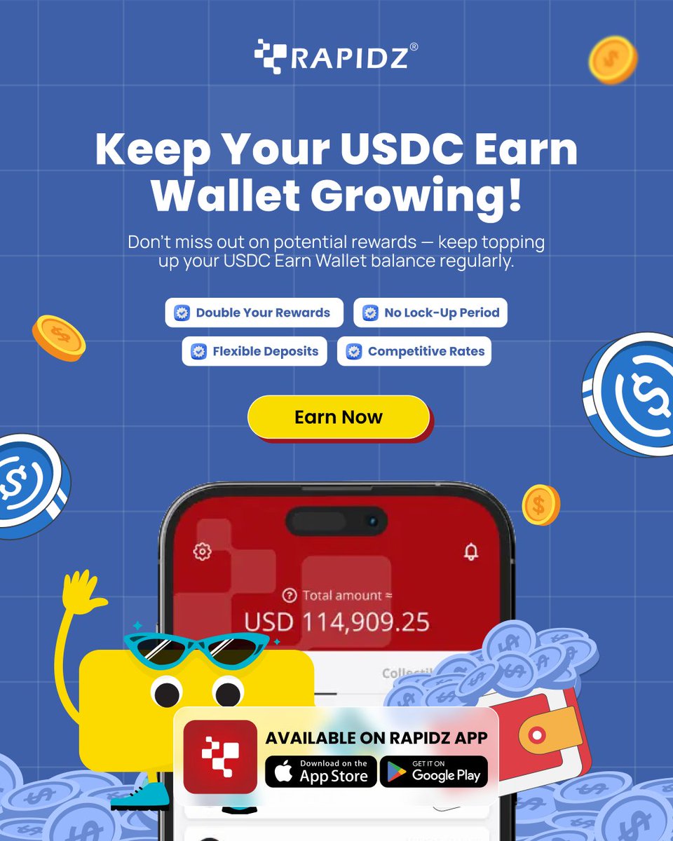 Top up your USDC Earn Wallet to boost rewards! 🎉 Get USDC by: 
💸 Depositing 
🔄 Swapping 
🛒 Buying crypto. 
More USDC = greater rewards! 🚀 
#CryptoEarn #CryptoWallet #DepositCrypto #SwapCrypto #BuyCrypto #Rapidz #CryptoCommunity #EarnMore #DigitalAssets